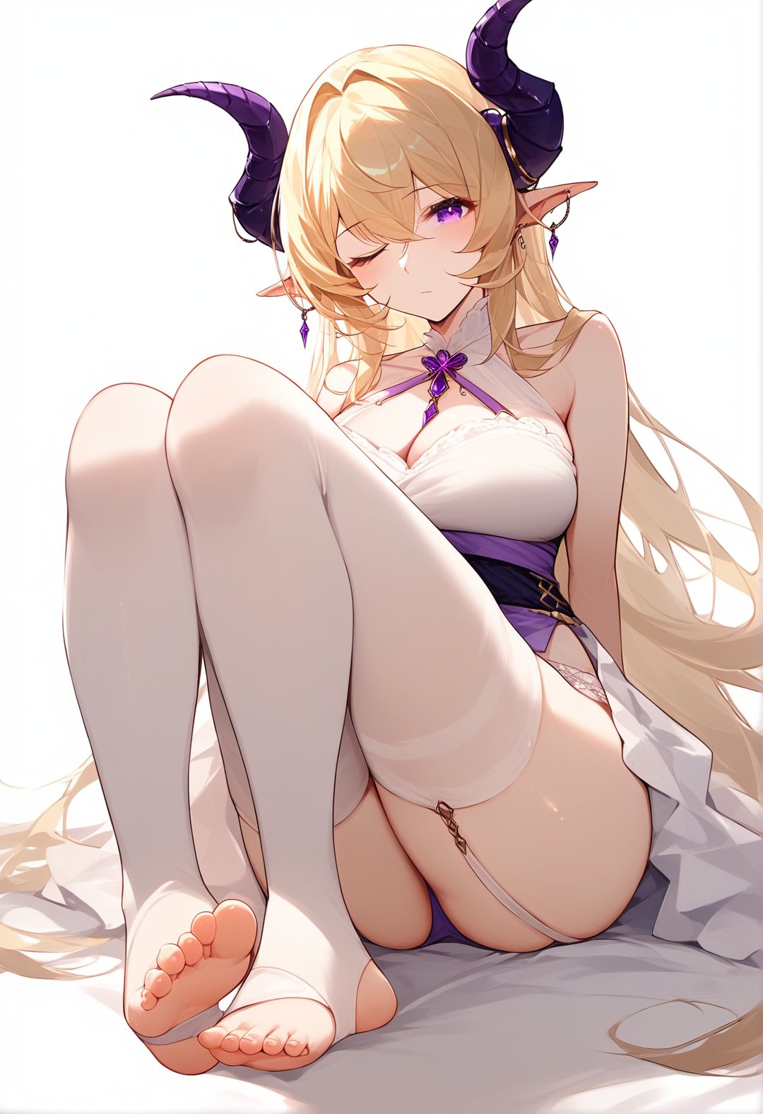 score_9, score_8_up, score_7_up, score_6_up, source_anime, <lora:RLI 0.1v:1>, 1girl, solo, horns, long hair, blonde hair, feet, toes, looking at viewer, purple eyes, very long hair, white background, one eye closed, blush, garter straps, barefoot, bangs, simple background, toeless legwear, breasts, bare shoulders, closed mouth, legs, thighs