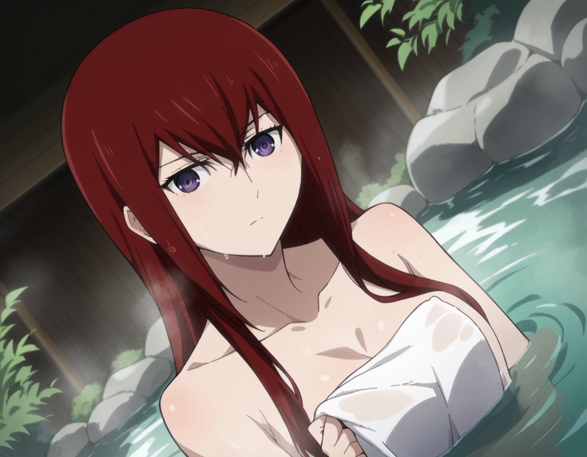 score_9, score_8_up, score_7_up, source_anime,kurisumakise, <lora:kurisu-makise-s1-ponyxl-lora-nochekaiser:1>,kurisu makise, hair between eyes, hair over shoulder, long hair, purple eyes, red hair, straight hair,nude, naked, outdoors, onsen, towel, naked towel, steam, bathing, nude cover, partially submerged, water, bath, steam censor, wet towel,looking at viewer, cowboy shot, solo, dutch angle,