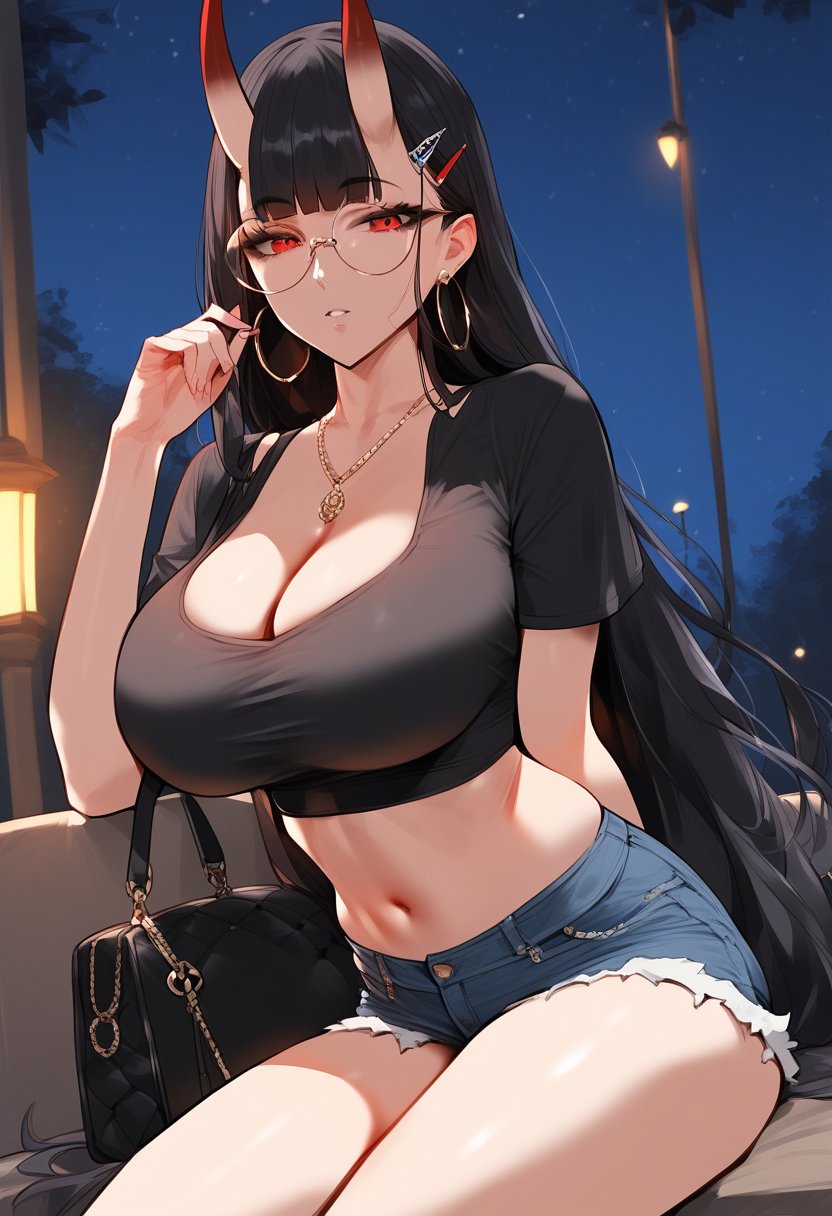 score_9, score_8_up, score_7_up, score_6_up, source_anime, <lora:CYR 0.1v:1>,1girl, crop top, shorts, navel, midriff, red eyes, jewelry, horns, long sleeves, sitting, denim, black shirt, black thighhighs, black hair, denim shorts, glasses, looking at viewer, thighs, cleavage, solo, clothing cutout, bag, night, hair ornament, stomach, blue shorts, cleavage cutout, cutoffs, outdoors, very long hair, round eyewear, necklace, expressionless, short shorts, hairclip, hoop earrings, oni horns, parted lips, bangs, short sleeves, large breasts, crop top overhang, cropped shirt, skindentation, night sky, feet out of frame, handbag, blunt bangs