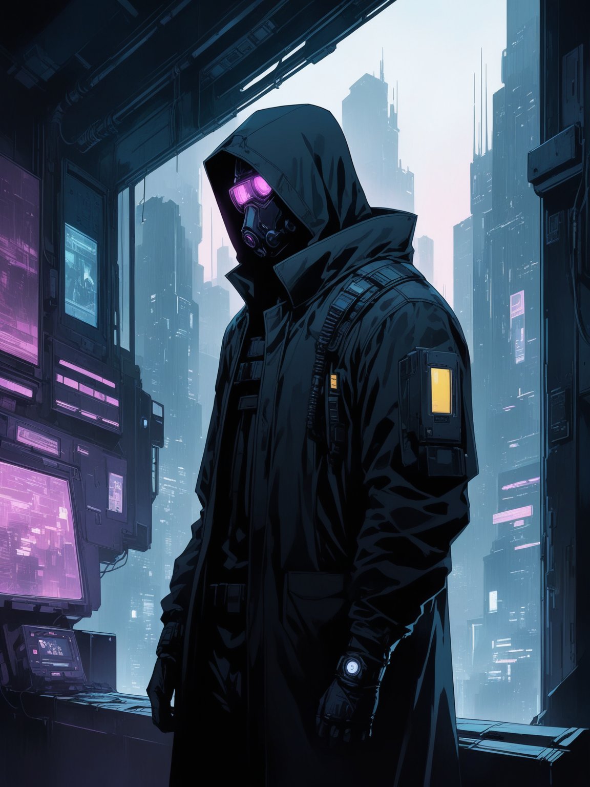 In the dystopian cityscape of cyberpunk, a mysterious figure shrouded in shadows stands, exuding an air of annoyance. The dusky fade adds an enigmatic touch to the scene as the character gazes out of the window with intense focus. The play of shadows and light creates a cinematic atmosphere, leaving viewers intrigued by the untold story behind this captivating moment. The artist's attention to detail elevates the emotional depth, making this artwork a masterpiece in the realm of cyberpunk aesthetics.