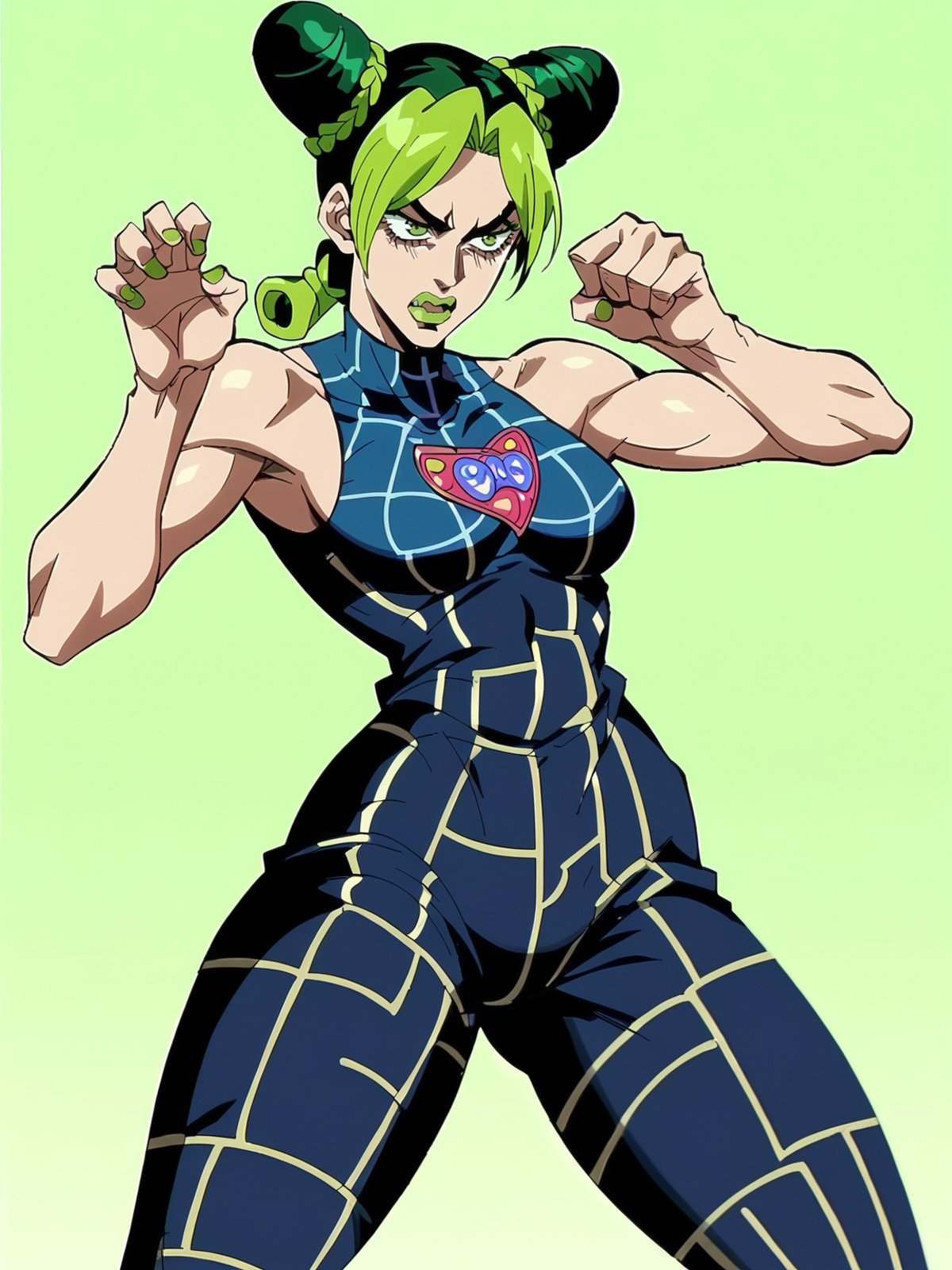 score_8_up, score_7_up, 1girl, kujo jolyne, wide hips, jojo pose, green hair, anime screencap, jojo