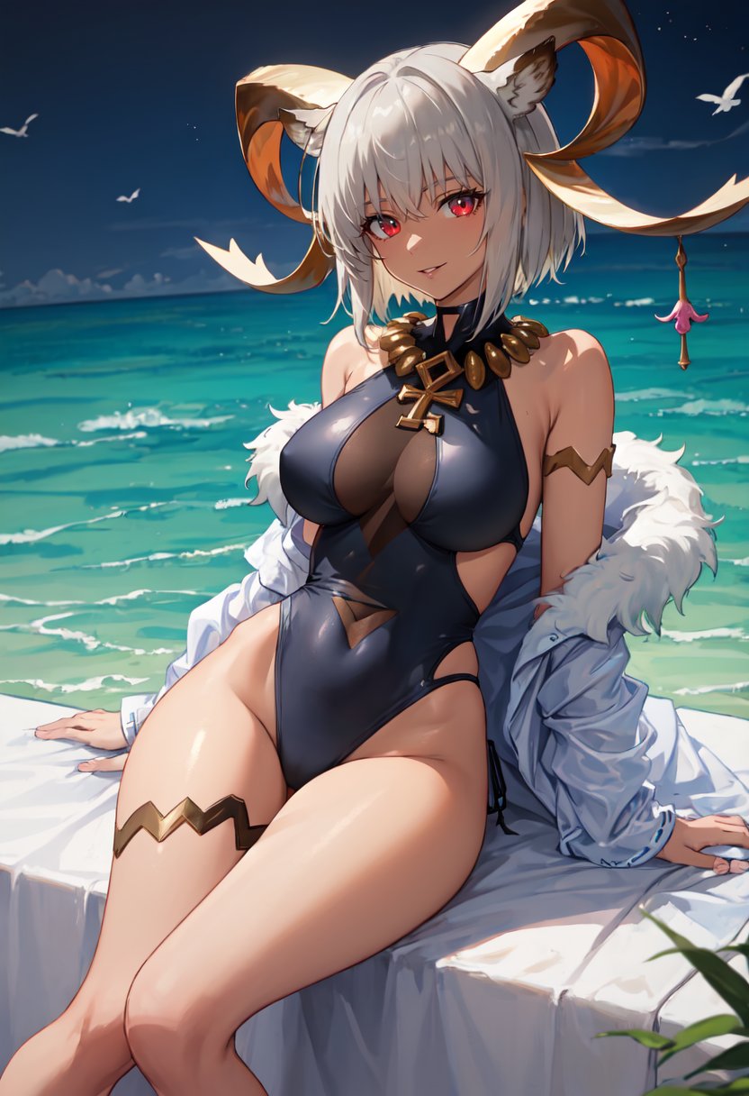 best quality, masterpiece, highres, solo, (carnelian_arknights:1.10), 1girl, bare shoulders, black one-piece swimsuit, casual one-piece swimsuit, looking at viewer, necklace, official alternate costume, smile, grey hair, cleavage, sitting, clothing cutout, closed mouth, covered navel, feet out of frame, parted lips, thigh strap, thighs, 9 <lora:carnelian_arknights:0.80>