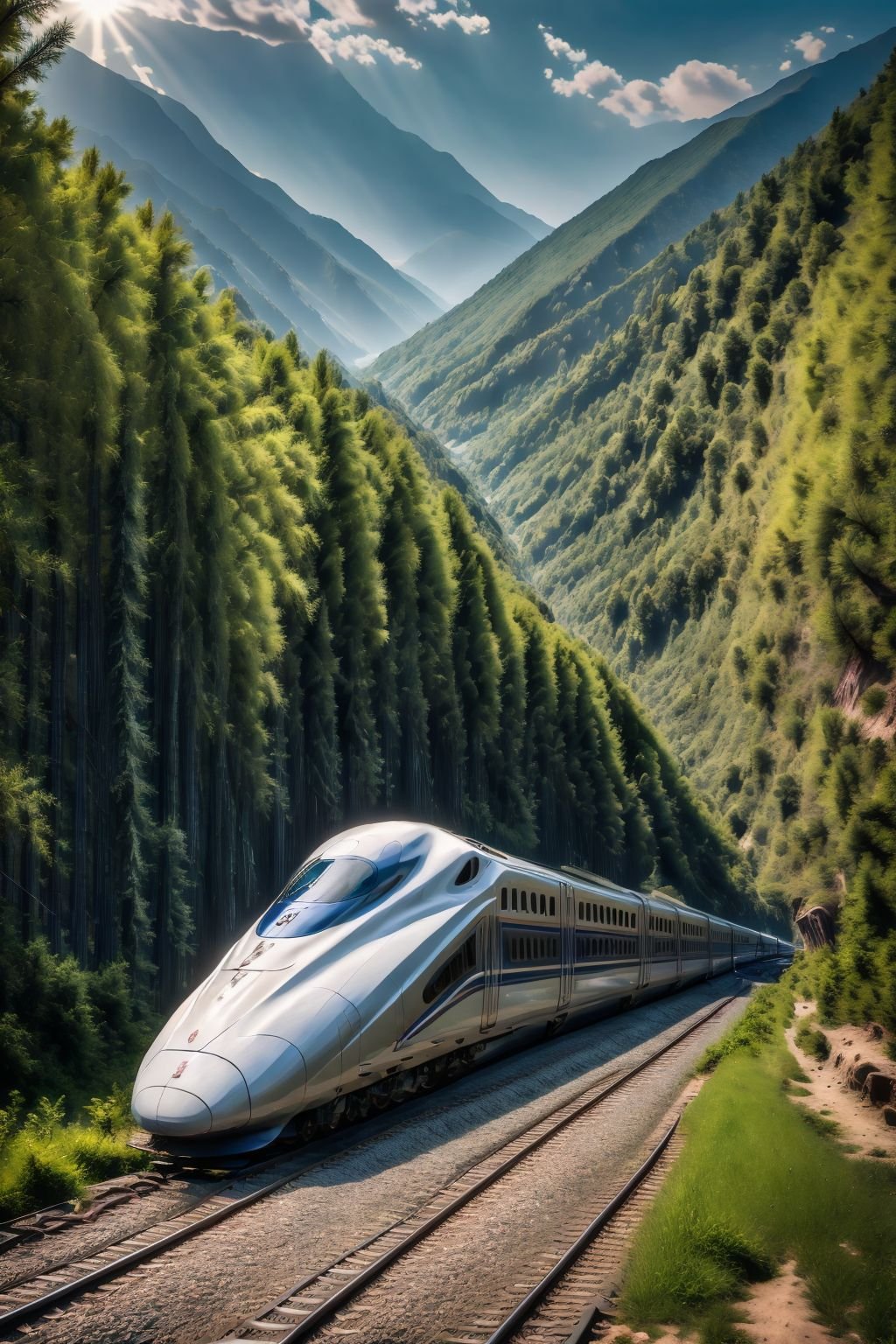 ultra realistic 8k cg,picture-perfect face,flawless,clean,masterpiece,professional artwork,famous artwork,cinematic lighting,cinematic bloom,highspeed rail,outdoors,sky,cloud,tree,no humans,ground vehicle,nature,scenery,motor vehicle,forest,mountain,car,road,vehicle focus,landscape,mountainous horizon,