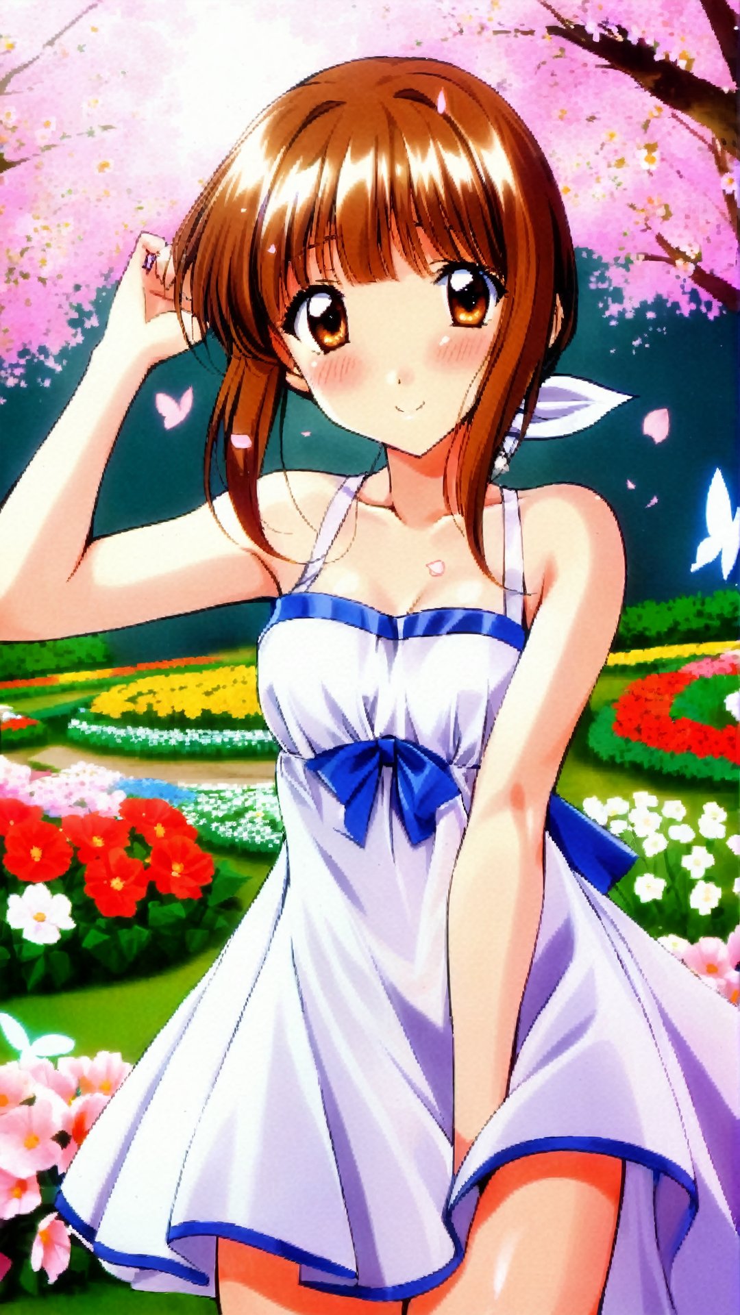 Yamamoto Rurika, Brown Hair, Brown Eyes, Hair Length To Shoulder,summer dress, (nsfw), (uncensored), (score_9), score_8_up, score_7_up, score_6_up, score_5_up, source_anime, cowboy shot, dynamic pose, 1 girl, solo, happy smile joy, blush, ashamed, shy, sexy, charming, alluring, seductive, enchanting, erotic,((outdoors)), ((flower garden)), ((flowers)), ((many flowers)), spring petals, petals of flowers, spring, falling petals, flying butterflies<lora:EMS-381990-EMS:0.800000>