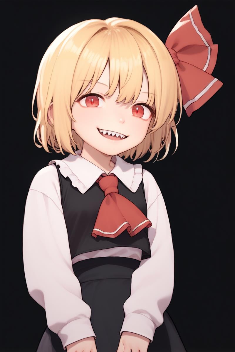 score_9, score_8_up, score_8, score_9, 1 girl, source_anime, black vest, white shirt, long sleeves, black skirt, blonde hair, red eyes, red ascot, hair ribbon, rumia, small breasts, short hair, <lora:rumia_pony-10:1>,  smile, sharp teeth,  <lora:PossumMachine:0.8> posmach <lora:rustle_pony_v1:0.8>, black background, (darkness)