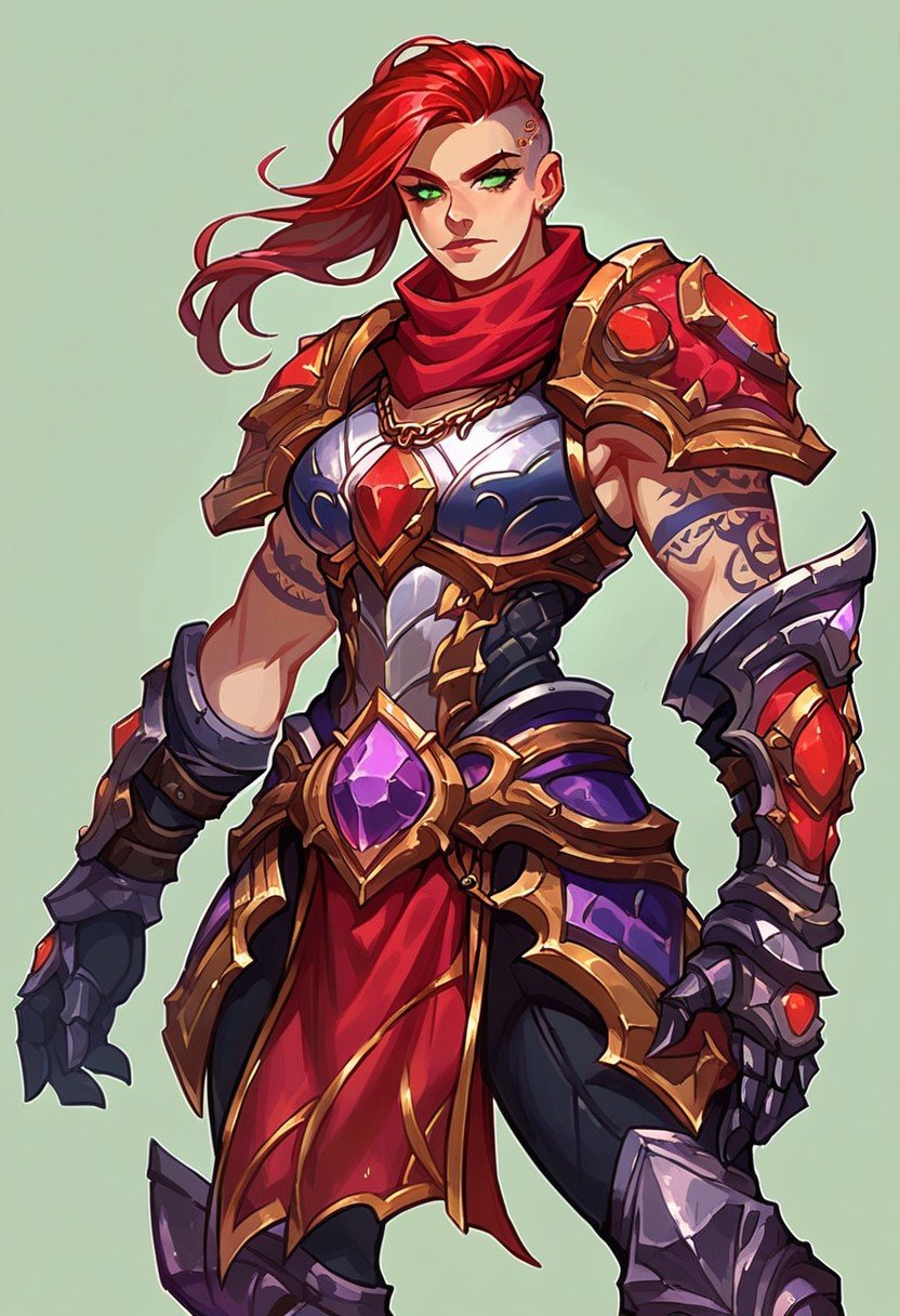 Score_9, score_8_up, 1girl, solo, world of warcraft, (human), [woman:0.5], paladin, black tattoos, red hair, undercut, red scarf, silver armor, gold trim, chainmail tabard, gauntlets, armored boots, muscular, simple background, green background