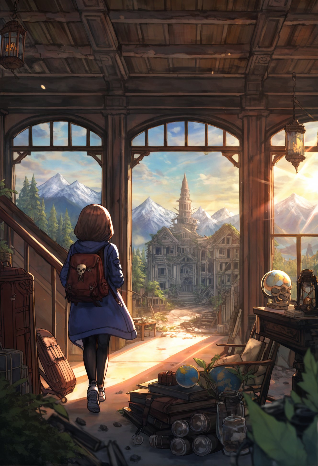 masterpiece, best quality,   holding, solo, hood, standing, scenery, sky, cloud, building, ruins, outdoors, lens flare, day, solo, blue sky, sunlight, post-apocalypse, tree, cloudy sky, sun, outdoors, tree, solo, snow, scenery, shoes, stairs, day, winter, wide shot, bag, water, standing, long sleeves, walking, open clothes, sunlight, sunlight, plant, window, book, indoors, book stack, chair, jar, table, day, light rays, blurry, globe, tree, artist name, blue jacket, folding chair, skyline, skull and crossbones, depth of field, lantern, brown hair, backpack, hooded jacket, mountain, bokeh, jacket, blurry foreground, no humans, open jacket <lora:さばみそ太郎XLlokr8f-000097:0.95>