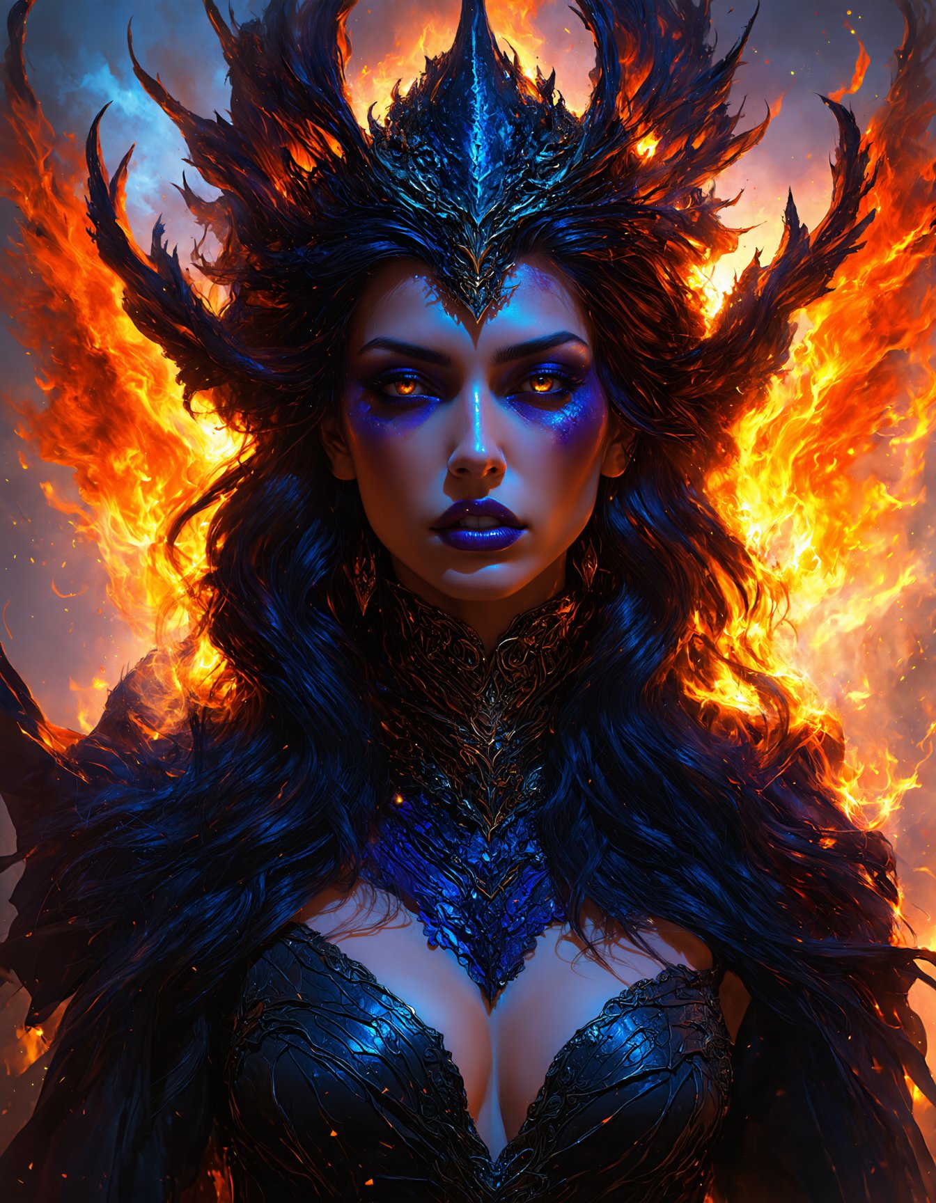 (best quality,  8K,  highres,  masterpiece),  ultra-detailed,  (Luis Royo and H.R. Giger-inspired) fantasy portrait. Envision a vibrant and enchanting queen,  draped in ancient attire,  with skin that radiates iridescent hues,  capturing the essence of a magical world. Infuse athleticism and allure into her presence,  exploring a diverse range of colors that convey powerful emotions. Embrace the richness of a palette reminiscent of a sunset,  with hues of deep purples,  fiery oranges,  and ethereal blues. This close-up theme demands intricate details,  vibrant brightness,  and highly detailed digital art,  drawing inspiration from the dynamic color combinations found in the works of Julie Bell. Transport the viewer into a realm where magic and sorcery intertwine with Fantasy,  Science Fiction,  and Mythological elements,  resulting in a breathtaking masterpiece. Ensure the final image boasts good quality,  sharp focus,  and impressive graphics., Ultimate Realism - High Detail Enhancement.safetensors