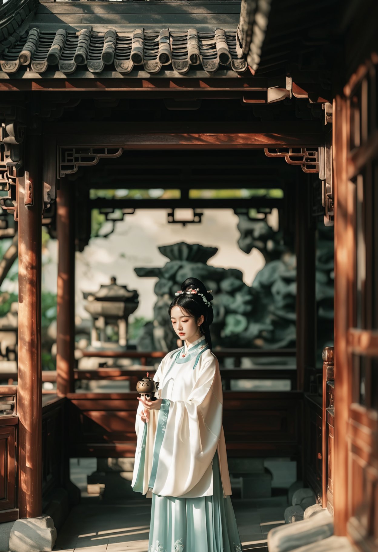 Photograph, traditional Chinese attire, young woman in Hanfu, Ming dynasty, holding a incense burner, intricate hair ornaments, serene expression, standing in front of a wooden pavilion with intricate carvings, soft natural light, calm and contemplative mood, vibrant colors, historical and cultural ambiance.