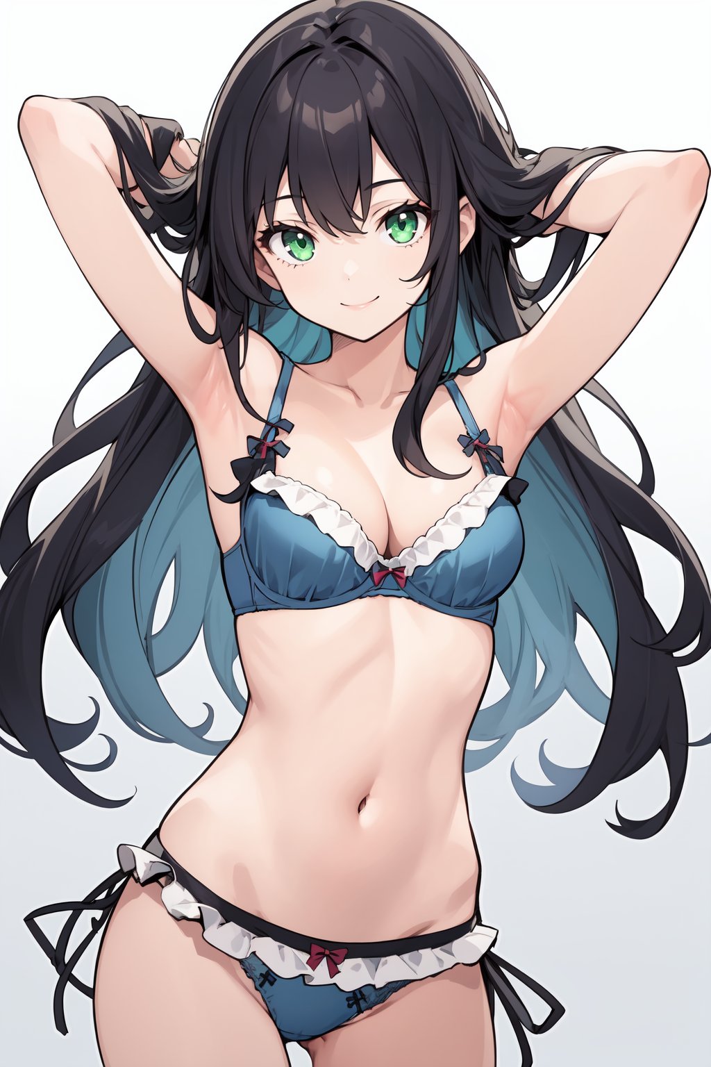 1girl, , apron, armpits, arms up, black hair, blue bra, blue panties, bra, breasts, cancer (symbol), cancer (zodiac), cleavage, frilled bra, frilled panties, frills, green eyes, groin, long hair, looking at viewer, medium breasts, navel, panties, smile, solo, standing, underwear, undressing, zodiac, 