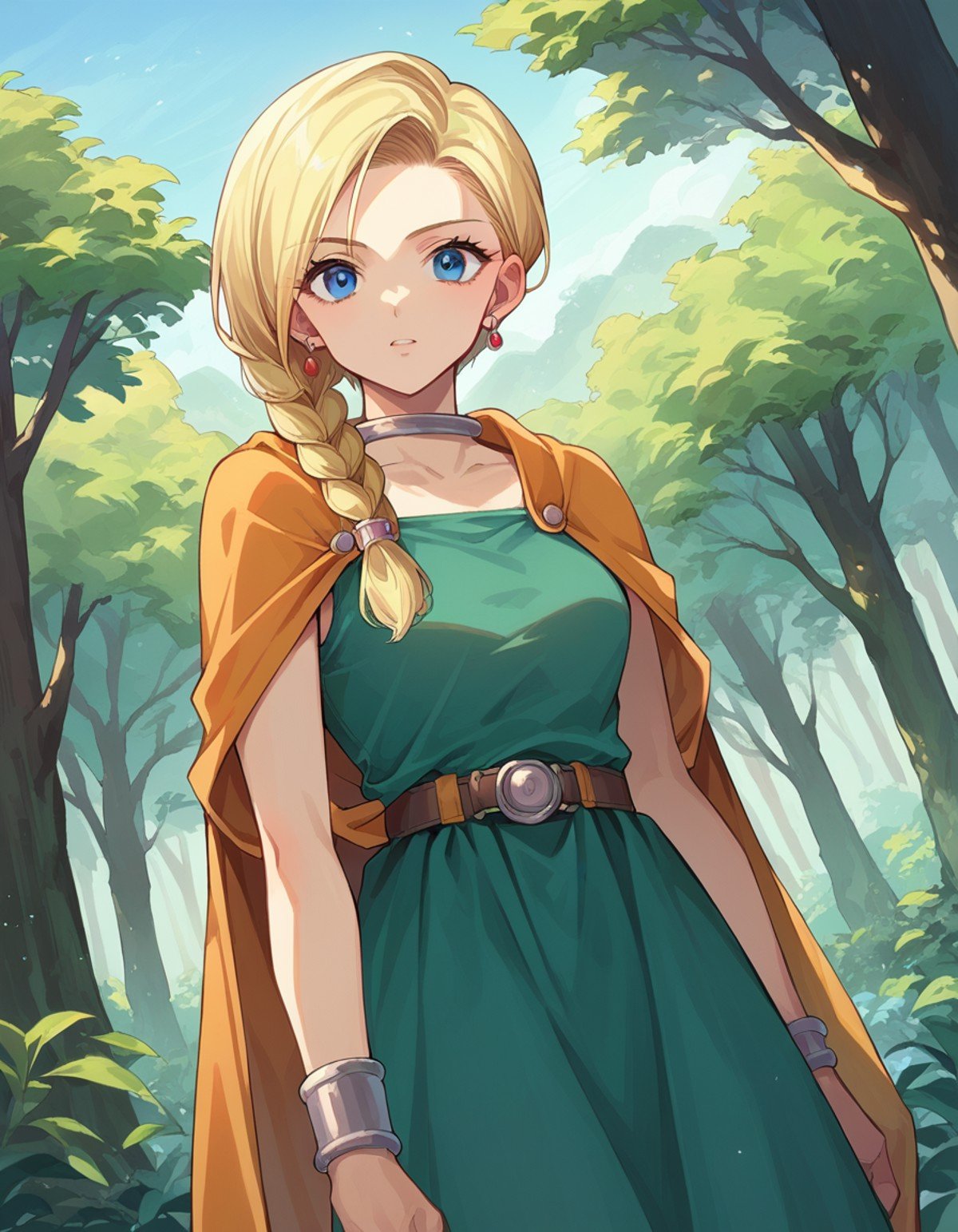 score_9, score_8_up, score_7_up, source_anime,dqbianca, <lora:dq-bianca-ponyxl-lora-nochekaiser:1>,bianca, blonde hair, blue eyes, braid, braided ponytail, long hair,belt, brown belt, cape, dress, earrings, jewelry, green dress,outdoors, forest, nature,looking at viewer, dutch angle, cowboy shot,