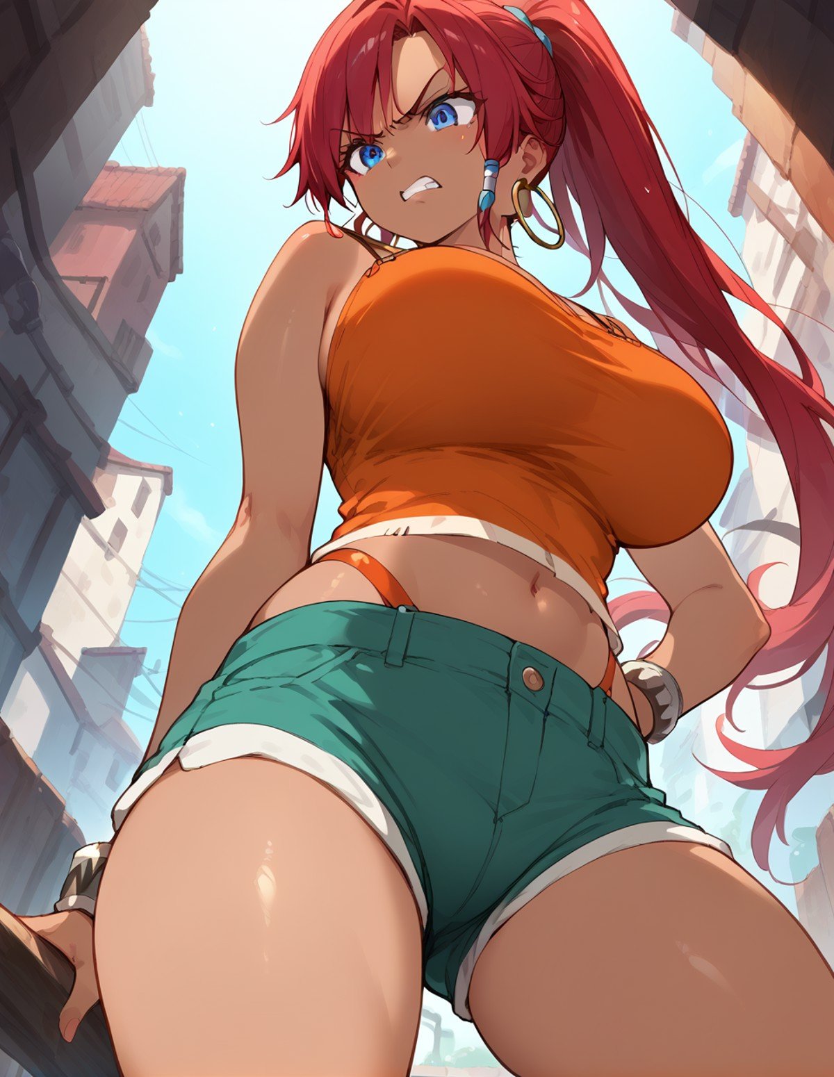 1girl,<lora:bellows_pony:1>,bellows,red hair,blue eyes,ponytail,large breasts,dark skin,bare shoulders,orange tank top,hoop earrings,shorts,short shorts,angry,from_below,, score_9,score_8_up,score_7_up,score_6_up,score_5_up,score_4_up,