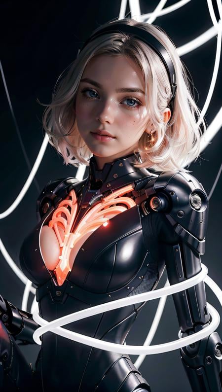 (best quality, masterpiece, perfect face, beautiful and aesthetic:1.2, colorful, dynamic angle, highest detailed face)((Full shot)), (highly detailed illustration), ((Chest covered)), ((1mechanical girl)), solo, (lucent nacre exoskeleton) ((upper torso hanging by gloing wires)), ((Hanging by glowing wires and glowing tubes)), (machine made joints:1.2), ((machanical limbs)), (blood vessels connected to glowing tubes), (mechanical vertebra attaching to back), ((mechanical cervial attaching to neck)), (sitting), (chest covered), (glowing wires and glowing cables attaching to neck:1.2), (glowing wires and glowing cables on head:1.2), (character focus), science fiction, extreme detailed, colorful,, 35mm, bokeh, 9:16, (intricate details, hyperdetailed:1.15), detailed, sunlight passing through hair (high contrast, official art, extreme detailed, highest detailed),