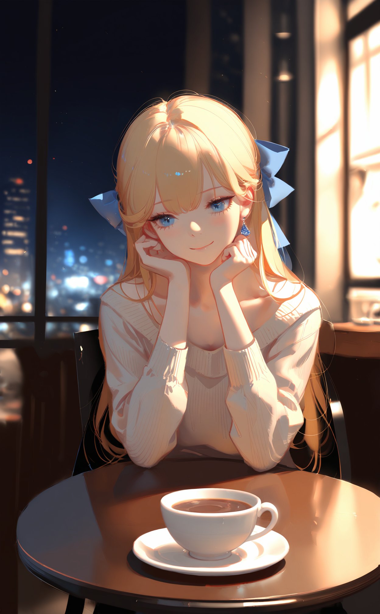 (masterpiece),(best quality),illustration,ultra detailed,hdr,Depth of field,(colorful),loli,[Artist:wlop],[[Artist:sheya]],Artist:ask \(askzy\),1girl,solo,cup,blonde hair,blue eyes,sweater,jewelry,earrings,long hair,blush,hair bow,indoors,bow,steam,saucer,long sleeves,sitting,night,collarbone,table,teacup,window,head rest,closed mouth,smile,elbows on table,blue bow,coffee,chair,blurry,upper body,pov across table,hand on own face,elbow rest,