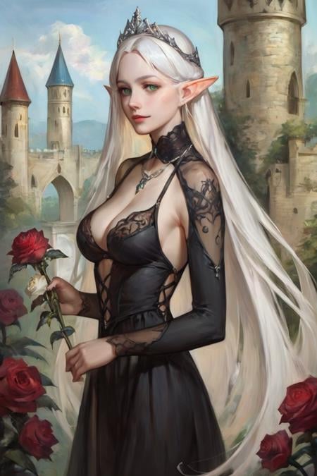 score_9, score_8_up, score_7_up, 1girl, solo, elf, pointy ears, breasts, long hair, very long hair, white hair, green eyes, portrait, looking at viewer, black dress, tiara, silver tiara, holding, holding flower, rose, red rose, necklace, jewelry, cowboy shot, standing, outdoors, castle <lora:Oil Painting Sharp Style LoRA_Pony XL v6:1>