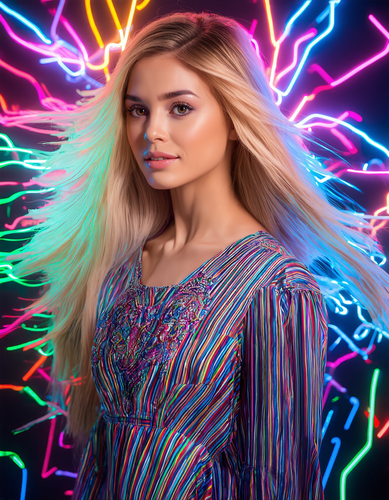 best quality,4k,8k,highres,masterpiece,ultra-detailed, photorealistic, portrait of a beautiful woman, long blonde hair with intricate patterns, tan skin, standing in front of colorful neon lights, psychedelic patterns, flowing hair, dress with detailed embroidery on the chest, light stripes, vibrant colors, intricate details, expressive eyes, high detail, high resolution, dynamic composition, modern style, ethereal atmosphere, soft lighting, SD3_cartoon_ep10.safetensors