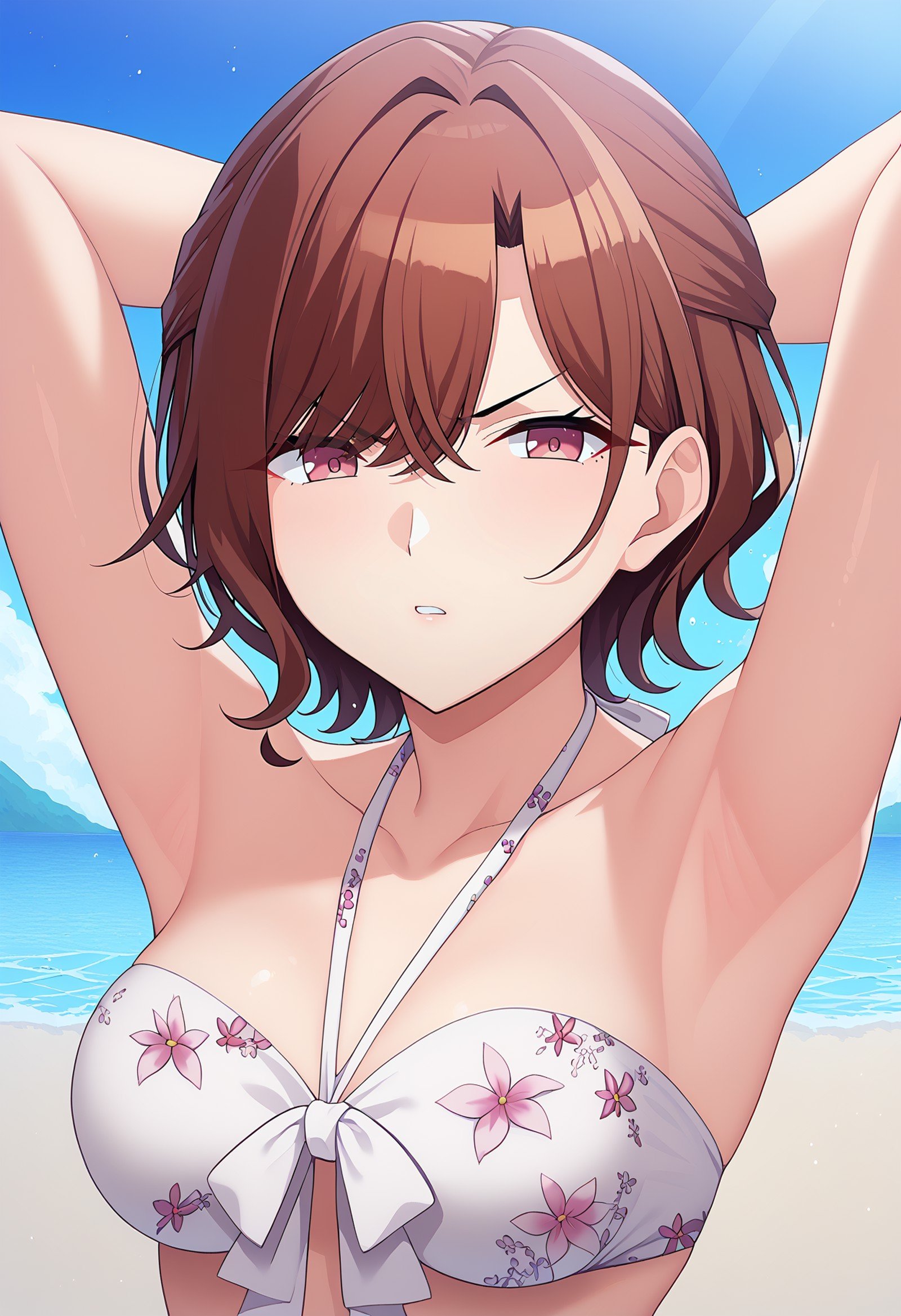 score_9, score_8_up, score_7_up, BREAK source_anime, cg, higuchi madoka, short hair, brown hair, summer hair, bikini, halterneck, floral print, parted lips, glaring, looking at viewer, arms behind head, armpits, beach, face focus, from side <lora:brj-madoka-pony-v0.5-000008:1>