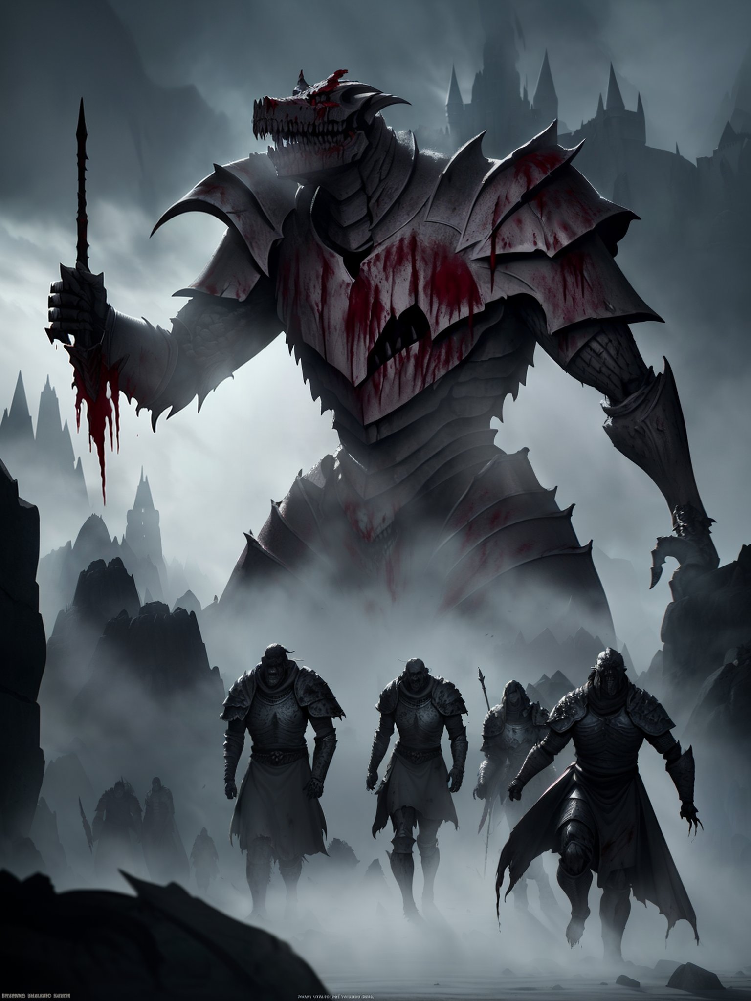 dungeons and dragons epic movie poster dragonborn wearing plate armor marching into battle (windy dust debris storm:1.1) volumetric lighting fog depth mist pass z pass fantasy stone castle bright morning sunlight from side, (masterpiece) (best quality),(detailed),(wallpaper), (cinematic lighting) ,(blood spatter),corpse,skeleton,bleed,horror theme,dark,Weird atmosphere