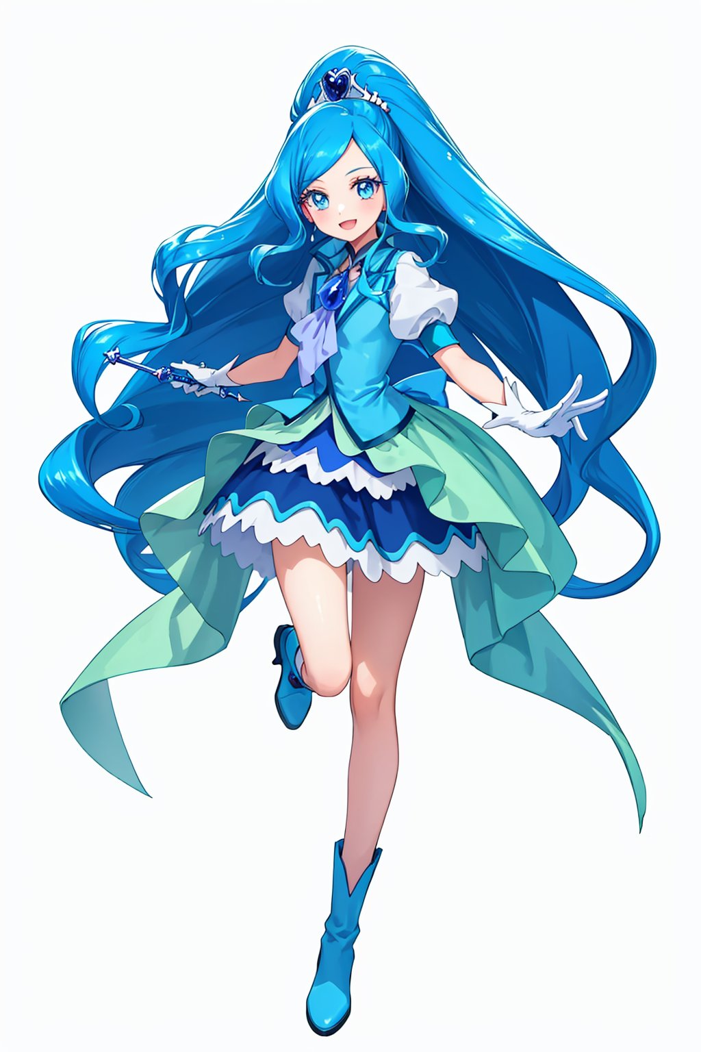 masterpiece,best quality, highly detailed, cure fontaine,1girl, split ponytail, solo, white background, blue footwear, magical girl, white gloves, simple background, looking at viewer, blue skirt, blue vest, full body, heart hair ornament, open mouth, holding wand, puffy sleeves, knee boots, :d, high heels, short sleeves,<lora:cure_fontaine:1>