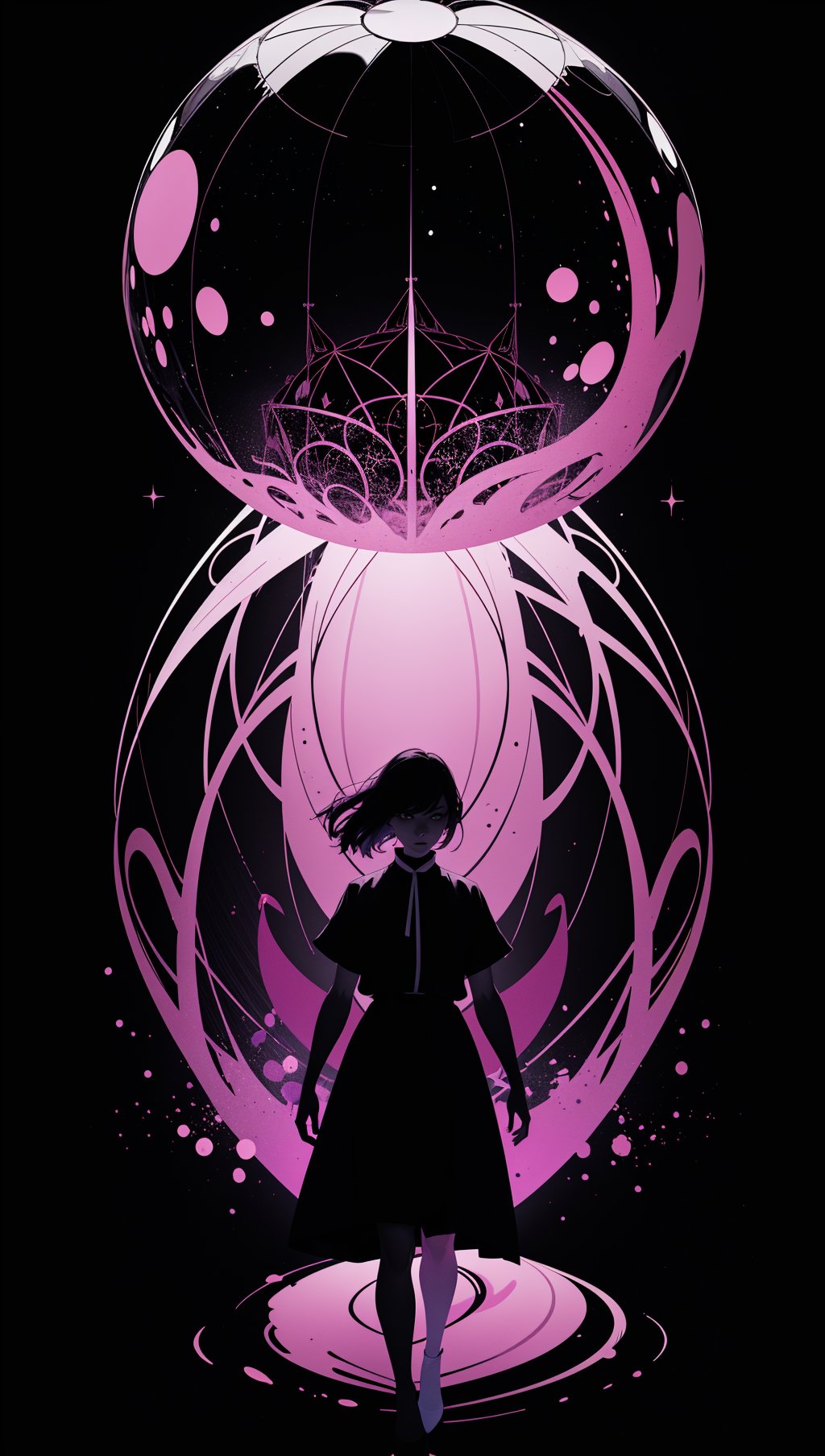 (silhouette:1.25),woman,dark background,blacklight,mid shot,full body,somber expression,looking down,dark energy,vibrant magenta,portal to another world,flat color,flat shading,ultra realistic,highres,superb,8k wallpaper,extremely detailed,intricate,limited palette,pink,