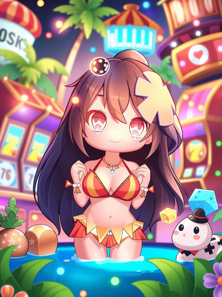 style_mix,  Chibi characters in a vibrant, fantasy island casino, surrounded by palm trees, slot machines, and magical glowing dice. The scene is filled with bright lights, tropical flowers, and playful, whimsical elements. The atmosphere is a blend of a magical wonderland and a lively gaming environment. , <lora:album_cover:1>