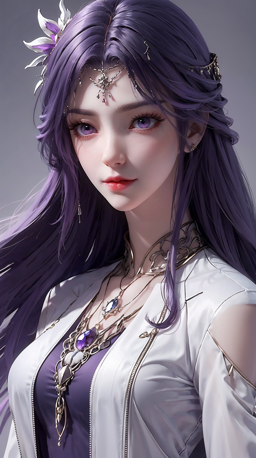 <lora:yunxi_20240205221623-0000010:0.6>,upper_body,purple hair,purple eyes,white jacket,