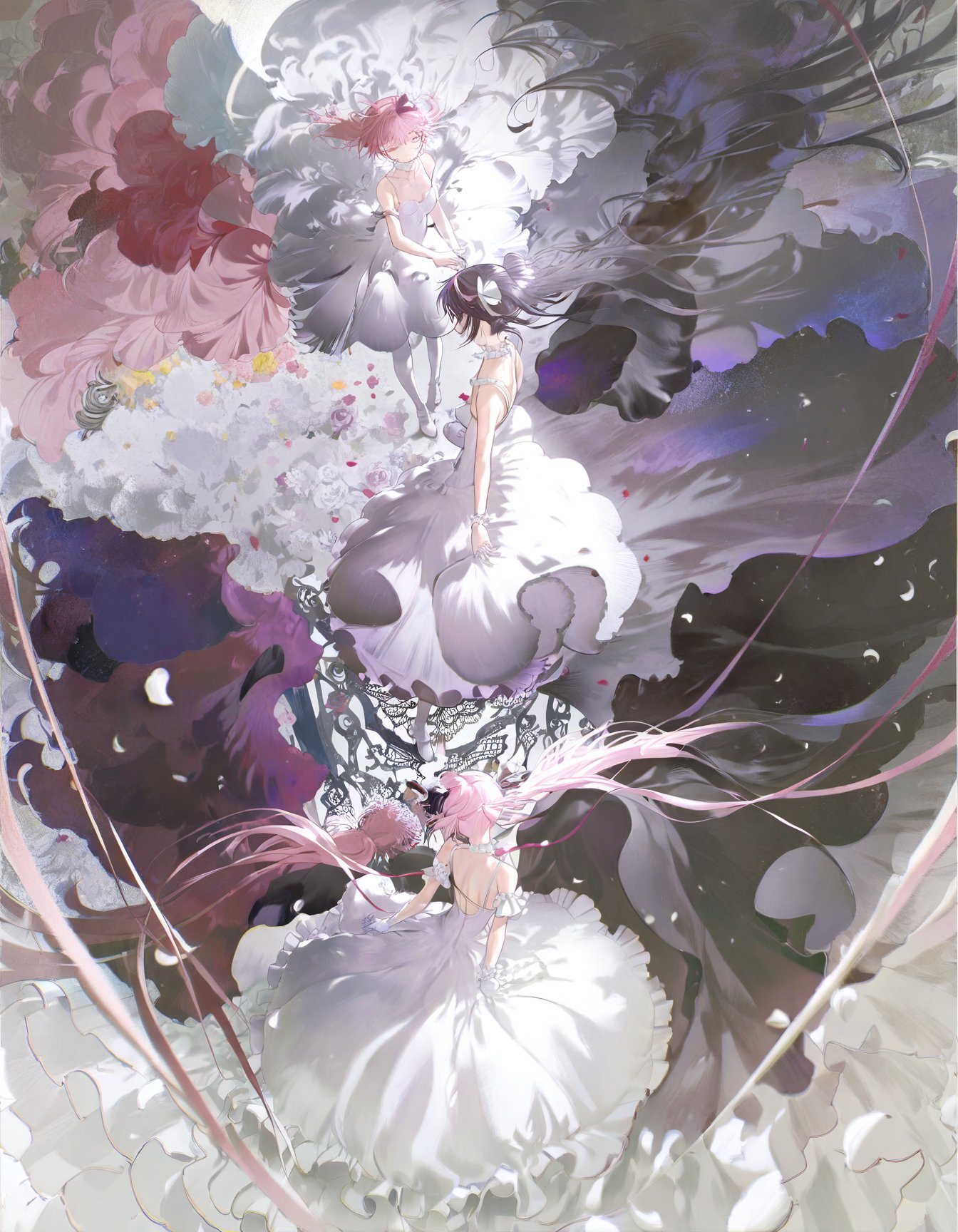 amazing quality, best quality, kaname madoka, dress, akemi homura, long hair, multiple girls, white dress, black hair, pink hair, ultimate madoka, very long hair, floating hair, 2girls, frilled dress, frills, absurdly long hair, long dress, white choker, ribbon, white gloves, hair ribbon, bare shoulders, straight hair, gloves, sleeveless dress, two side up, from above, twintails, layered dress, purple eyes, choker, bangs, looking up, short sleeves, petals, backless dress, looking at another, white ribbon, bow, flower, full body, sleeveless, spaghetti strap, hairband, backless outfit, closed mouth, <lora:inoriac:1>