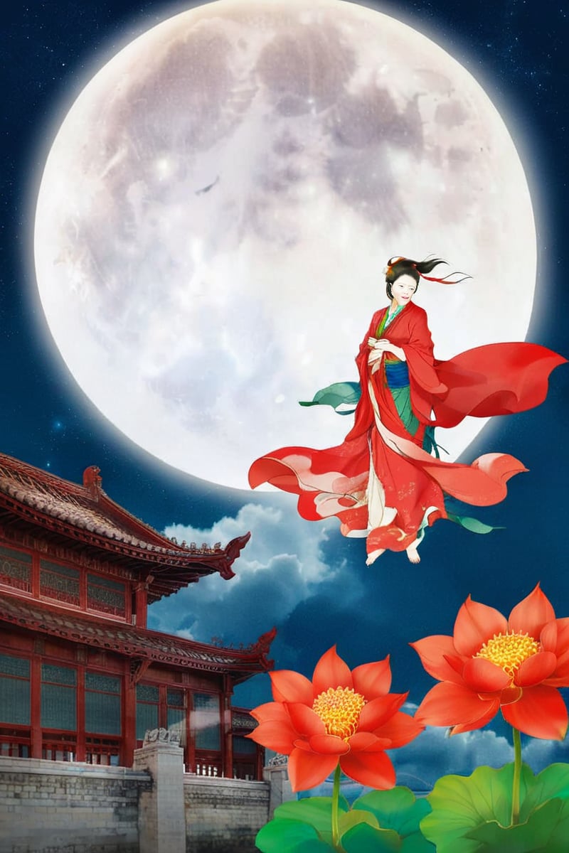 building, cloud, cnmidautumn, flower, full moon, midautumn, moon, night, night sky, no humans, red shirt, shawl, sky, sun,<lora:XL_CNmidAutumn.v1:0.7>,