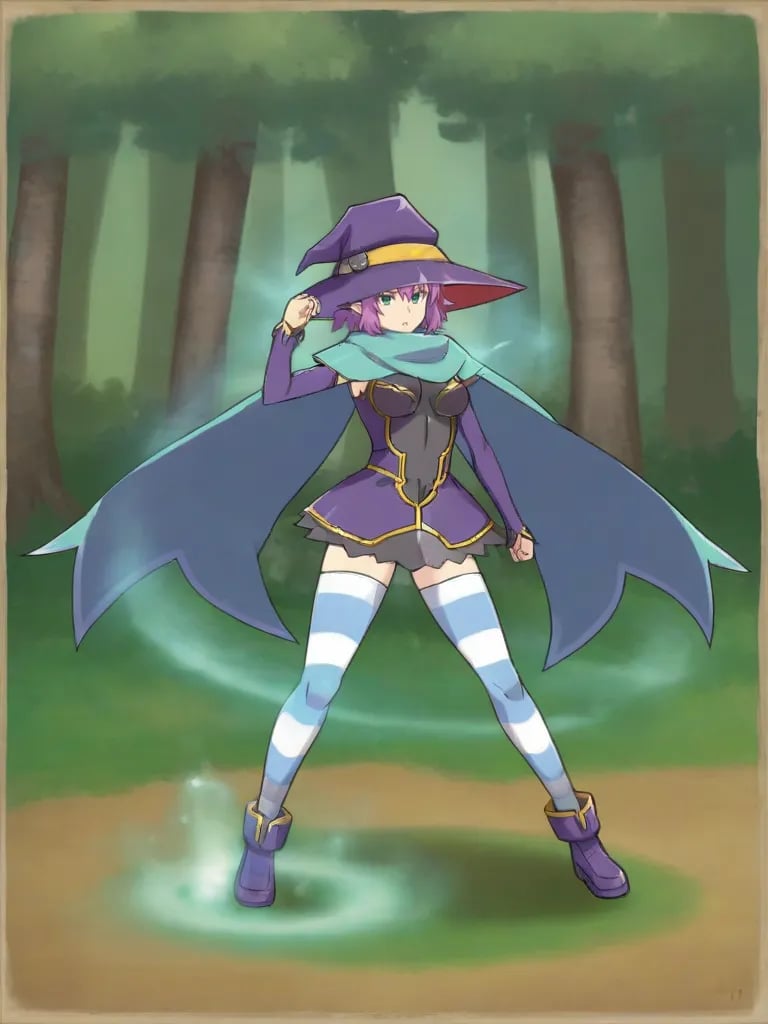 <lora:noelgmeister2pony:0.7>1girl, solo, noelgm2, purple hair, short hair, green eyes, pointy ears, witch hat, dress, detached sleeves, cape, striped thighhighs, boots, standing, forest, power up stance, full body, serious, magic, magic aura,  parted lips