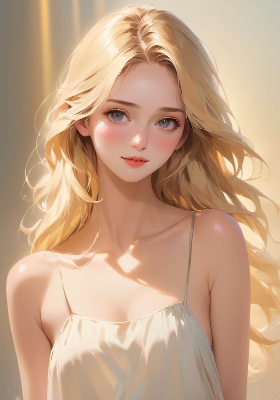 long straight blonde girl,emotional background,ultra realistic detailed,aesthetic,best quality,(photorealistic:1.2),dynamic angle,elegant,realistic skin detail ,strap_slip, bare_shoulders, off_shoulder, 