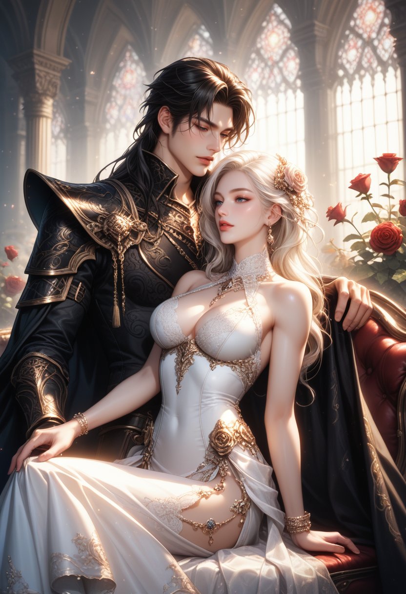 score_9, score_8_up, score_7_up,anime style, beautiful couple, tall dark-haired man in black armor, elegant white-haired woman in a flowing red dress, fantasy royal setting, intricate jewelry, romantic atmosphere, roses and delicate flowers, sunlight streaming through the window, ornate furniture, romantic tension, detailed facial expressions, glowing soft skin, dreamy lighting, noble aesthetic, man standing protectively behind woman, woman sitting gracefully, delicate lace and embroidery, luxurious background, fantasy romance