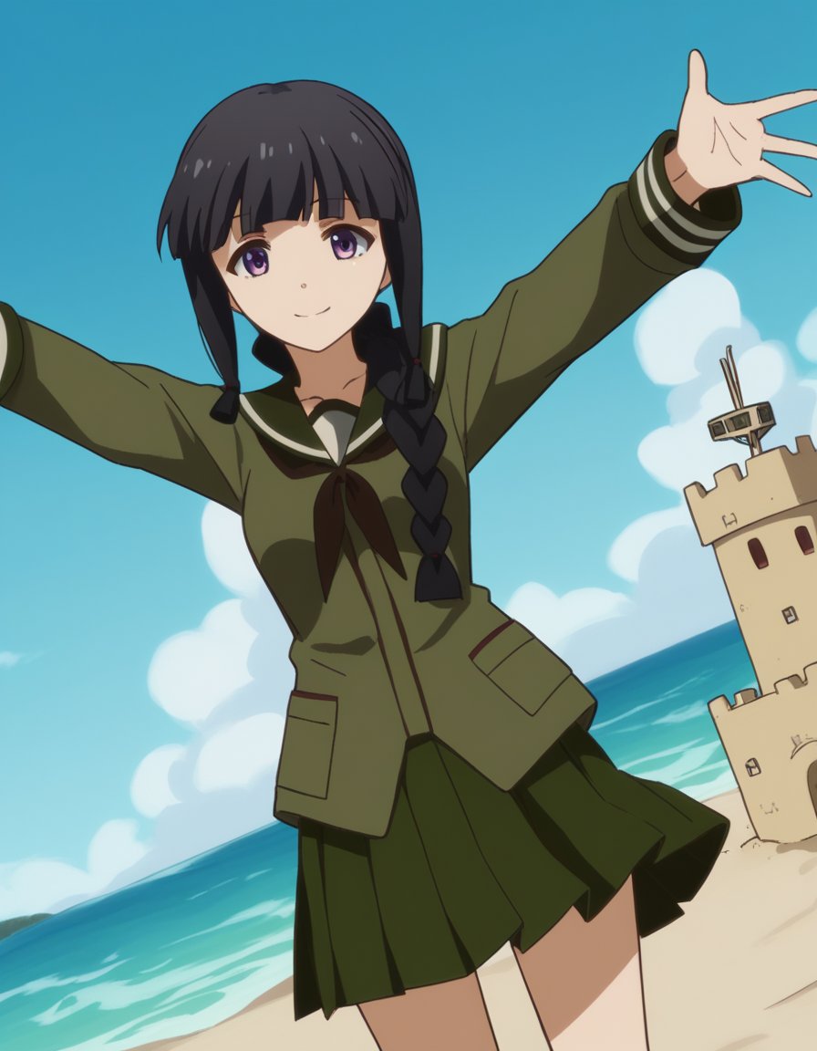 score_9, score_8_up, score_7_up, source_anime, <lora:kancolle-kitakami-s1-ponyxl-lora-nochekaiser:1>, kitakami, long hair, bangs, black hair, purple eyes, braid, blunt bangs, single braid, hair over shoulder, kitakami (kancolle), skirt, school uniform, serafuku, green skirt, pleated skirt, green shirt, green sailor collar, beach, sand castle, swimsuit, summer vacation, ocean wave, hands behind head,, smile, , on back, arm support, arms up, incoming hug, pov, reaching, reaching towards viewer,, solo,, cowboy shot, dutch angle