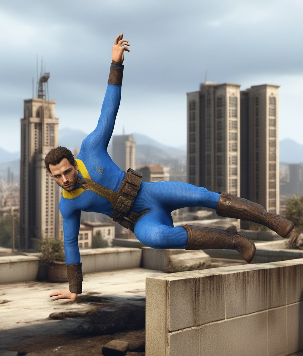 Dystopian style a man wears a blue and yellow outfit, a computer wrist, a belt, jumping over a wall in a city <lora:Fallout-V2-1024-120:0.8> . Bleak, post-apocalyptic, somber, dramatic, highly detailed