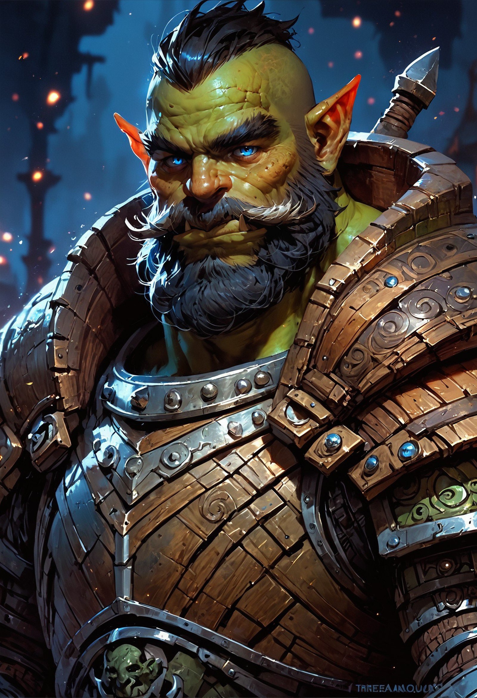 score_9, score_8_up, score_7_up, score_6_up, score_5_up, score_4_up,<lora:Fant5yP0ny:0.8>, concept art, digital art, realistic, 1boy, solo, male focus, mature male, orc, green skin, tusks, blue eyes, short hair, black hair, facial hair, beard, mustache, looking at viewer, armor, shoulder armor, breastplate, pauldrons, chainmail, upper body, closed mouth, standing, outdoors, night, night sky, dark background