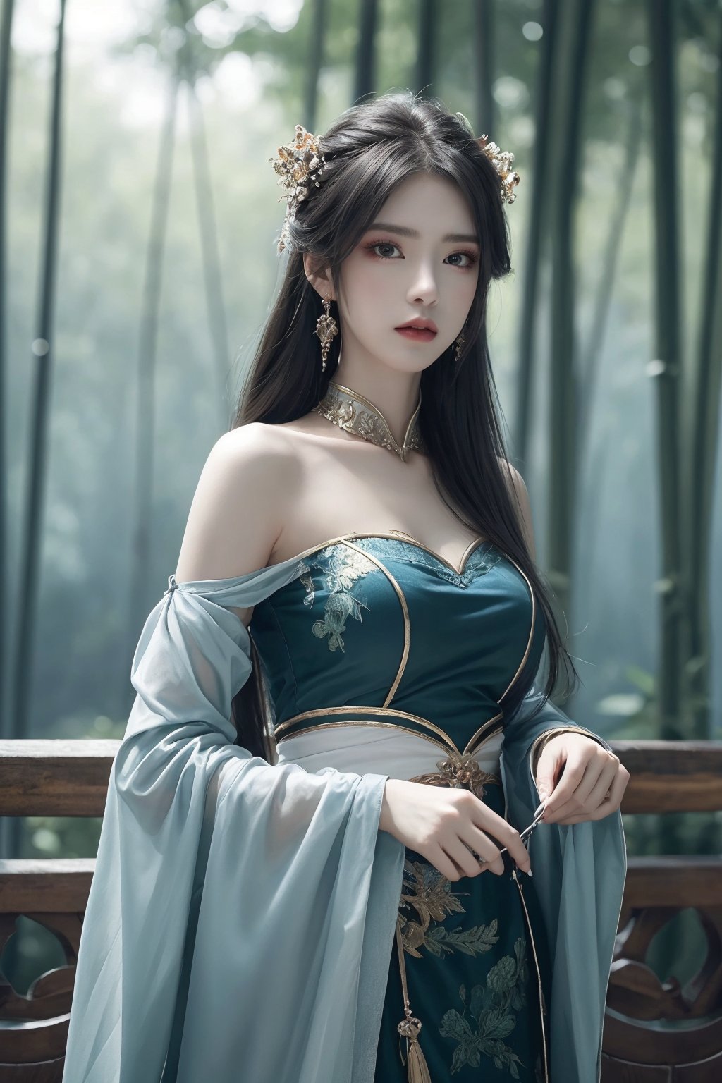 1girl, bamboo, bare shoulders, bare tree, blurry, blurry background, blurry foreground, branch, breasts, chinese clothes, depth of field, dress, earrings, forest, green eyes, jewelry, leaf, long hair, long sleeves, looking at viewer, makeup, nature, palm tree, parted lips, plant, solo, standing, tree, wide sleeves <lora:天穹1.0:0.8>