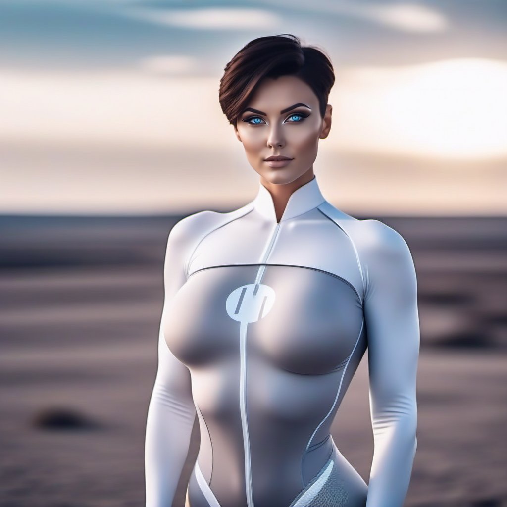 cinematic photo a woman with blue eyes and short dark hair, huge breast, wears a futuristic white and grey bodysuit , posing for a picture with a sky background <lora:Anissa1024:0.8> . 35mm photograph, film, bokeh, professional, 4k, highly detailed