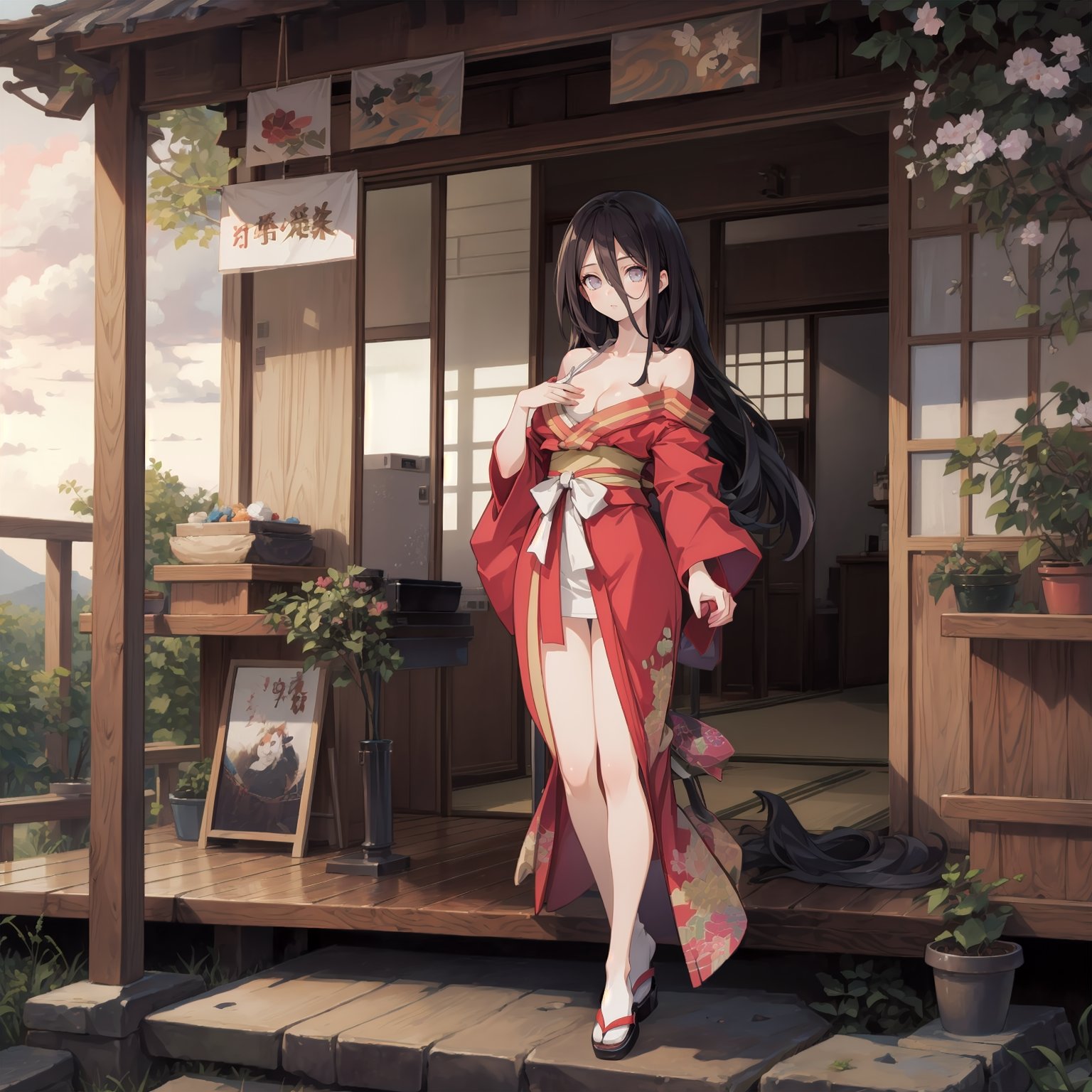 masterpiece,4k, best quality,slim,thin,skinny, panorama view,(full_body:1.2),standing, 1girl,mesugaki,petite,hyuuga_hanabi, bare_shoulders,absurdly_long_hair, blunt_bangs,black_hair, off_shoulder,sitting on veranda edge, looking_at_viewer, veranda,cloud,sunset,large_breasts, (((long kimono))),sandals,sideboob,covering_breasts, hands_on_own_chest,dark_skin, hair_between_eyes,cleavage,