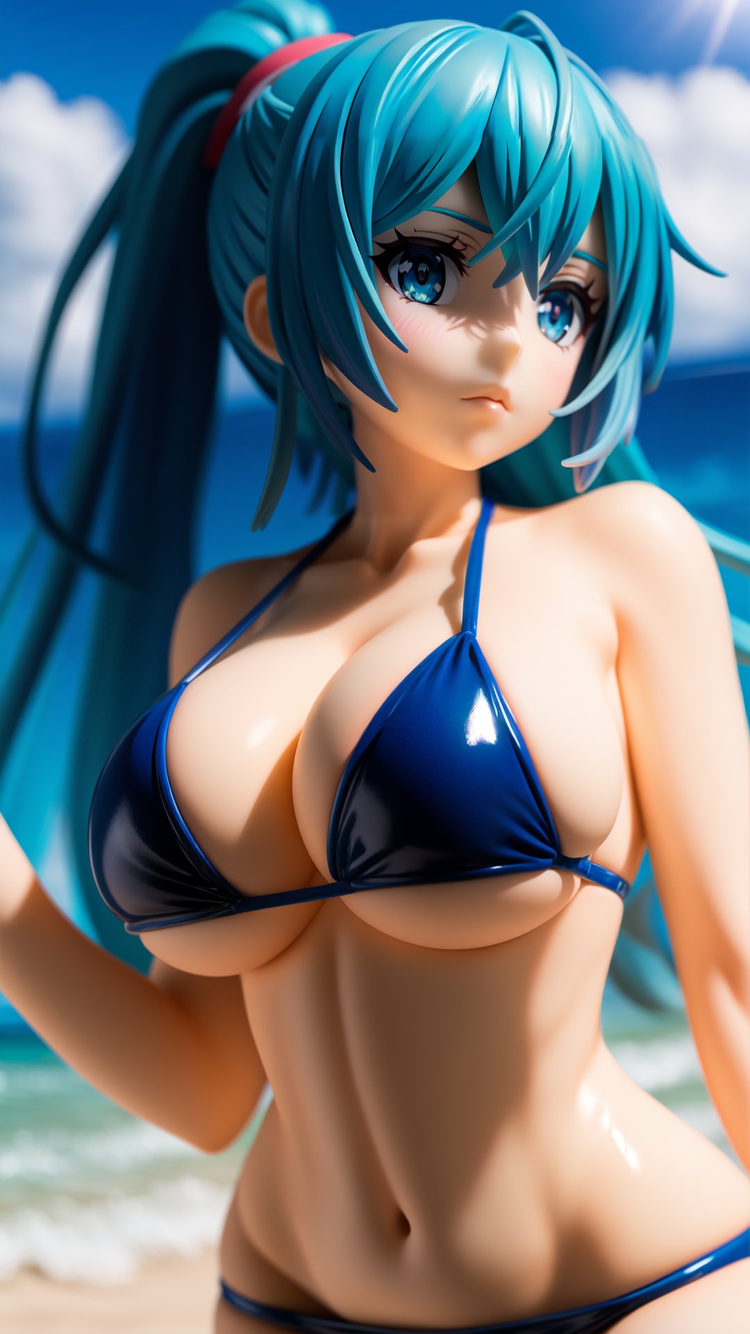 anime style,Clair_Pokemon,solo,1girl,long hair,blue hair,blue eyes,ponytail,shiny latex  bikini,beach,sand,sunshine,palms,blurry background,(looking at viewer, standing, from below:1.1),huge breast,large breast,(ambient lighting:1.1),