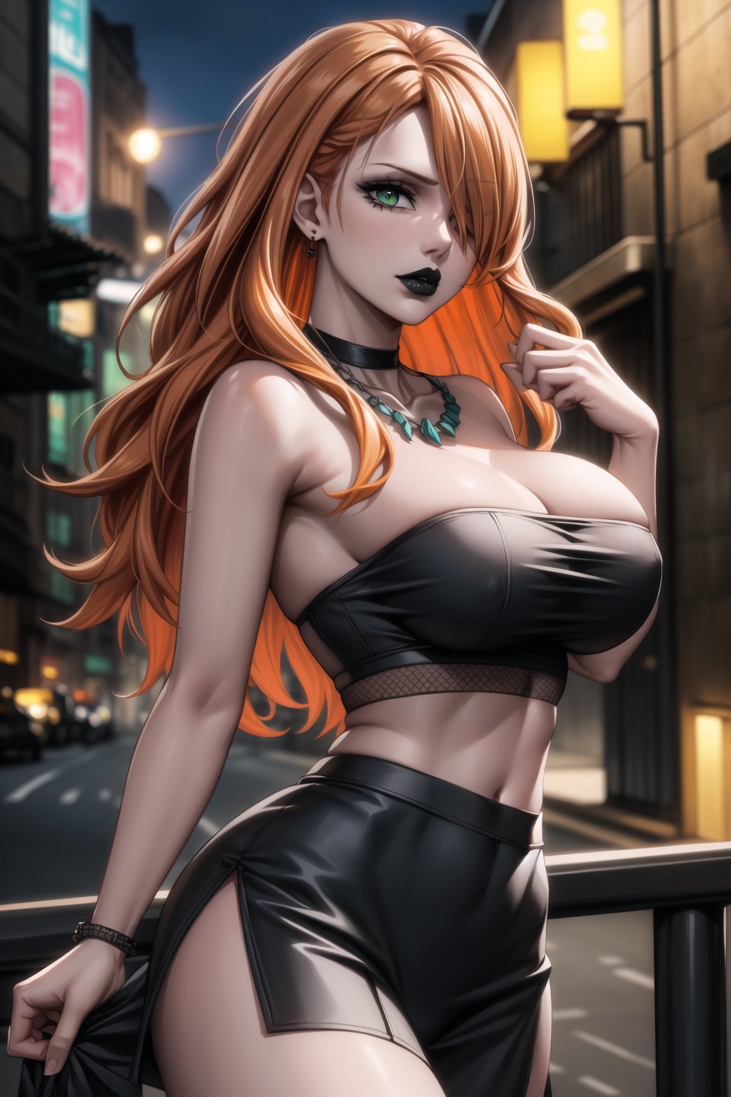 ((best quality)), ((highly detailed)), masterpiece, ((official art)), detailed face, beautiful face, (detailed eyes, deep eyes), seductive posing, (cowboy shot), mimosa vermillion, green eyes, (sexy:1.3), (long straight orange hair, dark orange hair, long straight hair, hair covering one eye:1.3), (makeup, black lips:1.3),(  pale white skin, very white skin, goth, long eyelashes, medium to big breasts, black necklace, black fishnet shirt, black tube top, black fishnet shirt over black tube top, black skirt, city street, nighttime)), intricately detailed, hyperdetailed, blurry background, depth of field, best quality, masterpiece, intricate details, tonemapping, sharp focus, hyper detailed, trending on Artstation, 1 girl, high res, official art, , earrings,black lips<lora:EMS-93-EMS:0.600000>, <lora:EMS-31593-EMS:0.200000>, <lora:EMS-28161-EMS:0.300000>, <lora:EMS-41017-EMS:0.500000>, <lora:EMS-401523-EMS:0.800000>