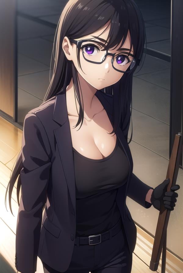 hizuruminakata, <lora:hizuru minakata s1-lora-nochekaiser:1>,hizuru minakata, long hair, black hair, glasses, (purple eyes:1.1), black-framed eyewear,BREAK shirt, gloves, cleavage, collarbone, jacket, black gloves, pants, black jacket, black shirt, black pants, formal, suit,BREAK outdoors,BREAK looking at viewer,BREAK <lyco:GoodHands-beta2:1>, (masterpiece:1.2), best quality, high resolution, unity 8k wallpaper, (illustration:0.8), (beautiful detailed eyes:1.6), extremely detailed face, perfect lighting, extremely detailed CG, (perfect hands, perfect anatomy),