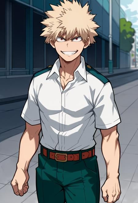 score_9, score_6_up, source_anime,<lora:bakugoXL:1>,bakugo_uniform, solo, shirt,1boy, sitting, school uniform, white shirt, male focus, collared shirt, belt,green pants, red eyes, grin, standing, walking, city street,cowboy shot, muscular, 