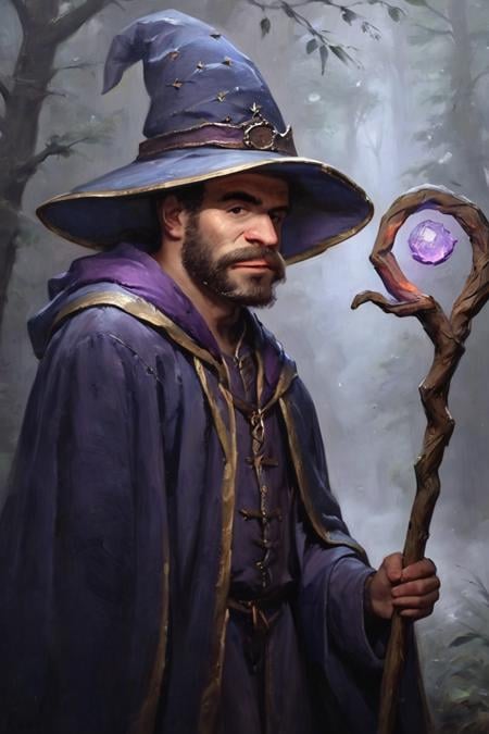 score_9, score_8_up, score_7_up, oil painting, traditional media, realistic, 1boy, solo, male focus, mature male, wizard, long hair, brown hair, black eyes, looking at viewer, hat, facial hair, beard, mustache, staff, wizard hat, purple hat, robe, purple robe, cloak, holding, holding staff, upper body, standong, outdoors,  forest, nature, tree, fog, dark background <lora:Oil Painting Sharp Style LoRA_Pony XL v6:1>