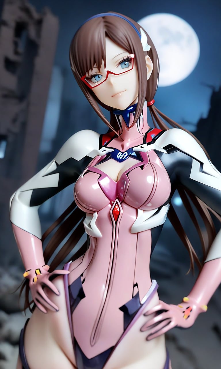 1girl, marishin, blue eyes, brown hair, medium breasts, cleavage, linea alba, hip bones, wide hips, (plugsuit:1.1), looking at viewer, light smile, upper body, straight-on, outdoors, ruins, night, moon, masterpiece, best quality, very aesthetic, absurdres, <lora:MariShinFlare_XL:1>