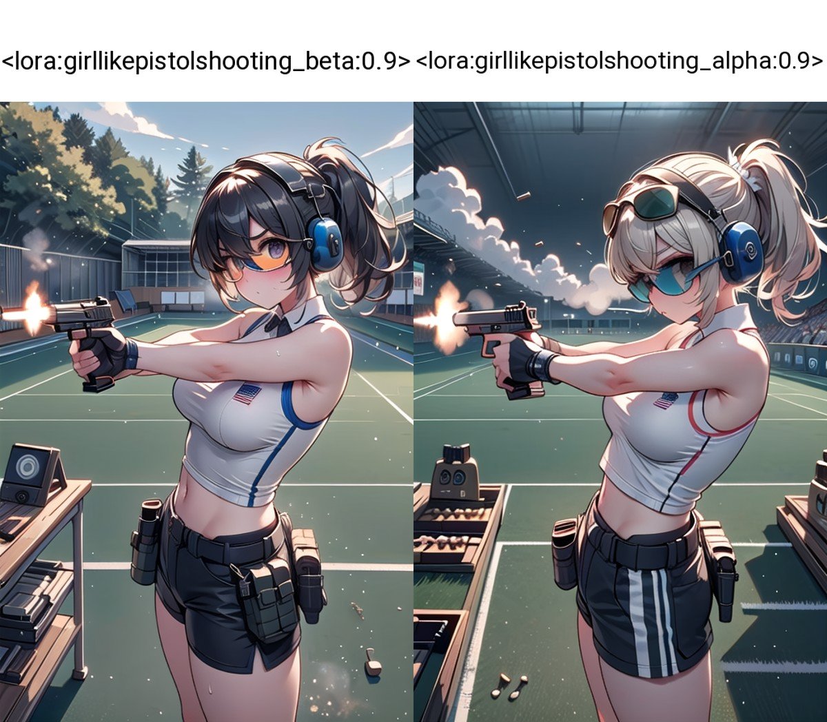 ((pistol shooting)), ((firing range)), (holding air handgun), muzzle flash, aiming at viewer and target, player uniform, sleeveless, sports shorts, ear defenders, fingerless gloves, olympic games venue, wind, steam, sweat, shadow, 1girl, big tits, facing viewer standing, (((tinted eyewear))), <lora:girllikepistolshooting_beta:0.9>