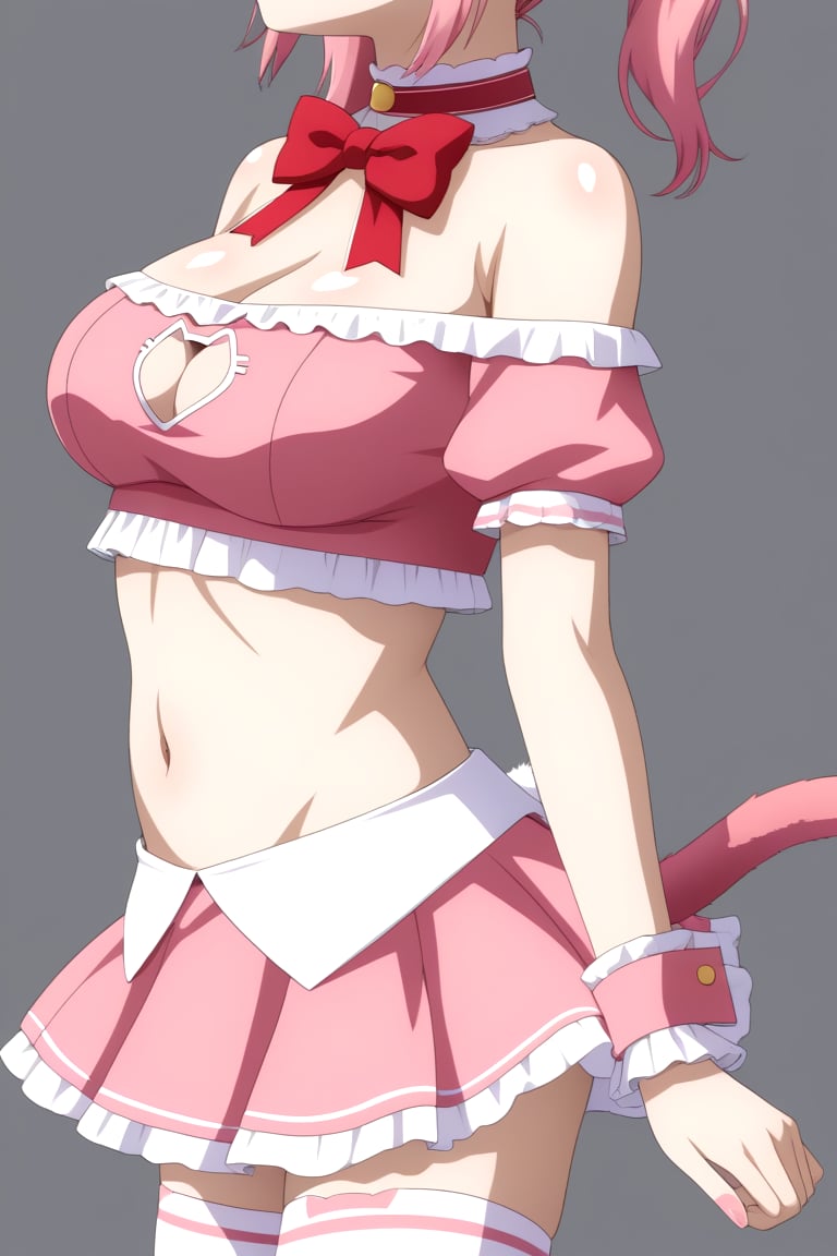 HD, 8k, highres, mantialiasing, Highly detailed, High Quality, masterpiece, beautiful, 1girl, solo, (feminine focus, young woman, 16 years old), face_out_of_frame, open_mouth, medium breasts, Uniform Radish, bare shoulders, exposed navel, pink skirt, thighhighs, animal ears, tail, midriff, pink crop top, pink cat ears, pink cat tail, navel, choker, (short blouse),((clothing cutout, cleavage cutout)), ((red bow on the back, ribbon, red ribbon on the neck)), wrist_cuff, looking_back, standing, focus ass, from_behind, full_body, side_view<lora:EMS-425426-EMS:1.000000>