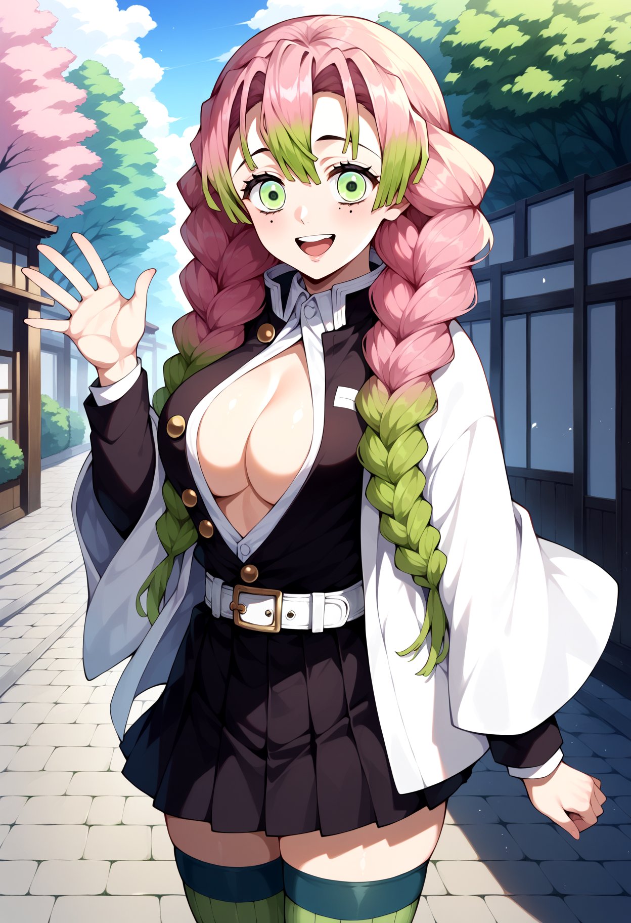 score_9, score_8_up, score_7_up, source_anime, aamitsuri, long hair, braid, multicolored hair, green eyes, mole under eye, large breasts, japanese clothes, cleavage, white jacket, haori, black shirt, open clothes, belt, pleated skirt, black skirt, green thighhighs, ribbed legwear, <lora:kanroji_mitsuri_ponyxl_v1:0.8>, standing, cowboy shot, outdoors, waving, smile, open mouth,