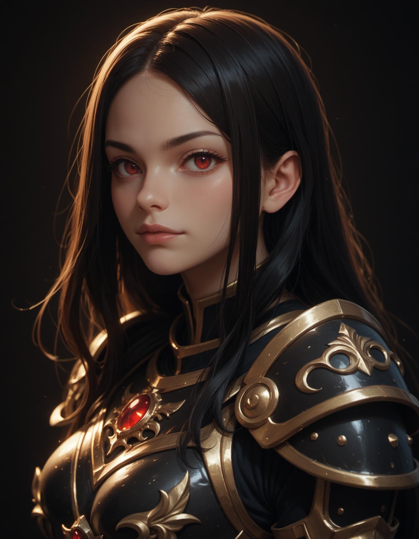 score_9, score_8_up, score_7_up,score_6_up, score_5_up, 1girl, looking at the viewer, black long hair, red eyes, highly detail black armor with gold texture, upper body, dark background,