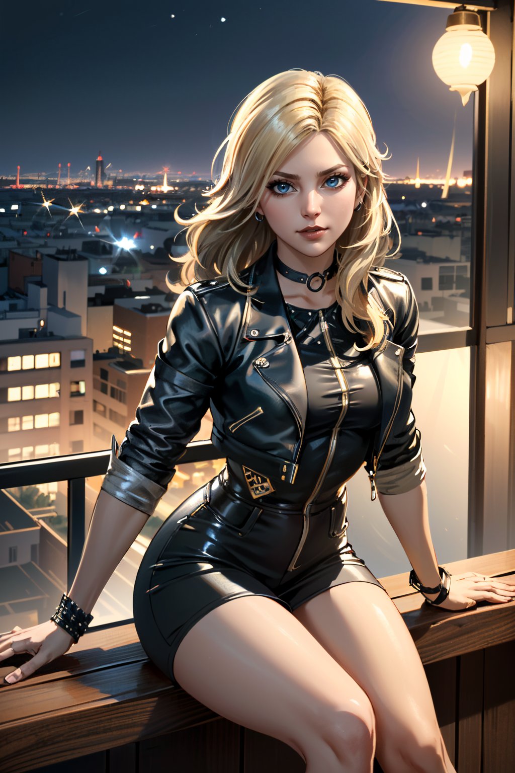 ((ultra detailed, masterpiece, absurdres)) <lora:I2BlackCanary:0.8>I2BlackCanary, 1girl, long hair, blonde hair, blue eyes, overlooking the city from a rooftop bar at night, chic outfit, sitting