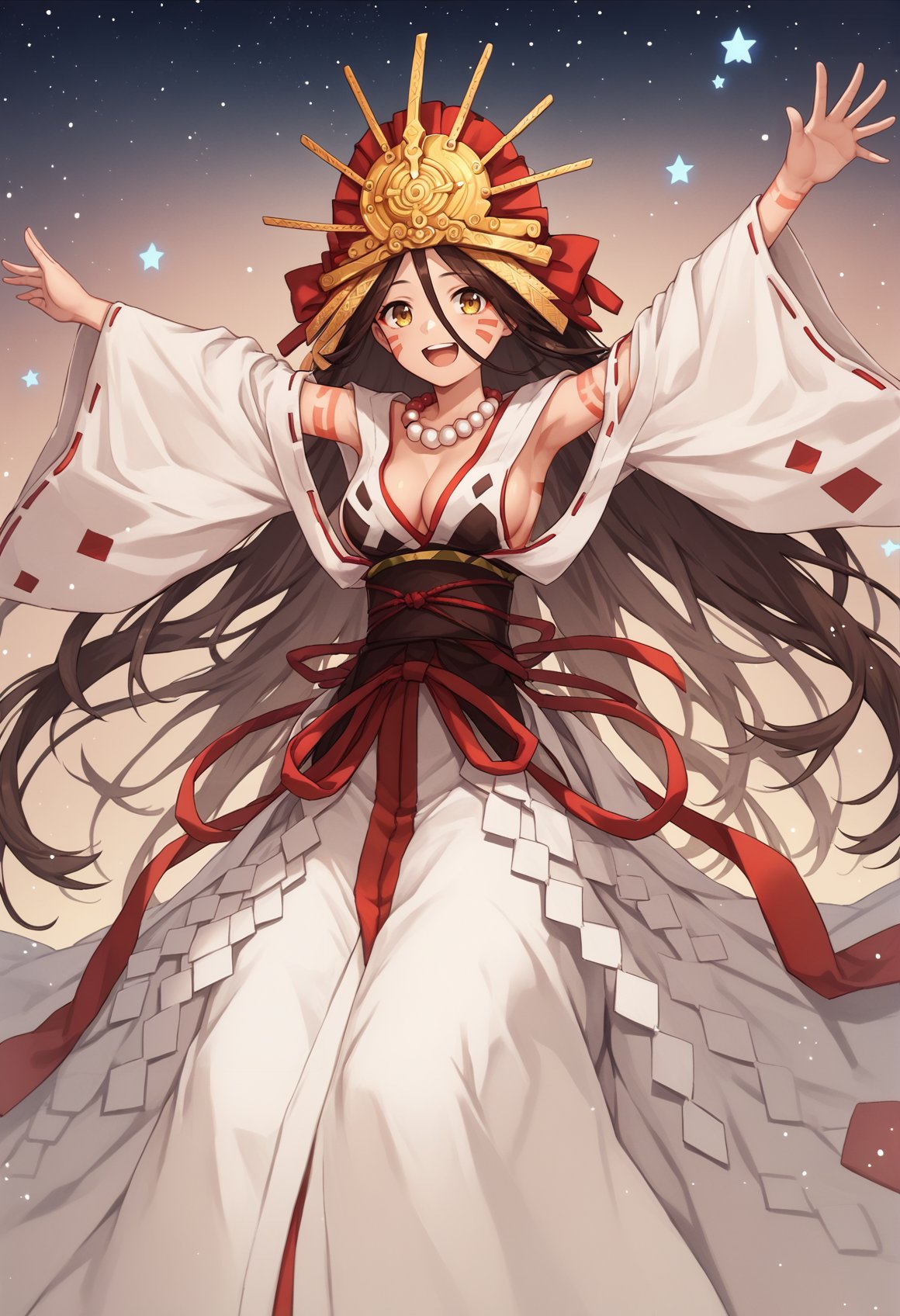 1girl, brown hair, very long hair, yellow eyes, bodypaint, facepaint, headdress, hair ornament, miko, long sleeves, long skirt, detached sleeves, sideboob, cleavage, pearl necklace, Outstretched Arms, smile, space, stars, floating, smile, open mouth <lora:Himiko:0.8>, score_9, score_8_up, score_7_up, score_6_up, score_5_up, score_4_up, BREAK source_anime, masterpiece