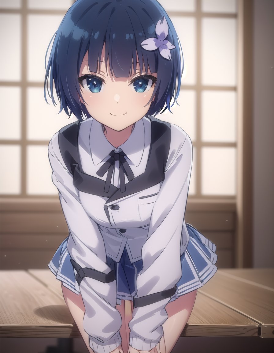 skyozakura, <lora:sk yozakura s1-lora-nochekaiser:1>,yozakura, short hair, blue eyes, hair ornament, blue hair, hair flower,BREAK shirt, long sleeves, ribbon, school uniform, jacket, white shirt, black ribbon, neck ribbon, buttons, grey jacket,BREAK indoors, classroom,BREAK looking at viewer, (cowboy shot:1.5), smile,BREAK <lyco:GoodHands-beta2:1>, (masterpiece:1.2), best quality, high resolution, unity 8k wallpaper, (illustration:0.8), (beautiful detailed eyes:1.6), extremely detailed face, perfect lighting, extremely detailed CG, (perfect hands, perfect anatomy),